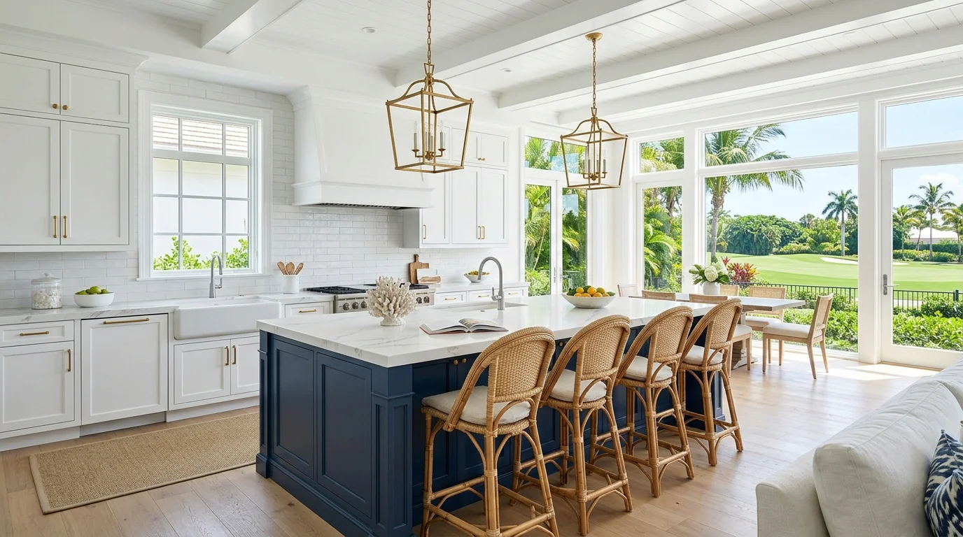 Wide cinematic North Palm Beach kitchen with marble island and arched windows