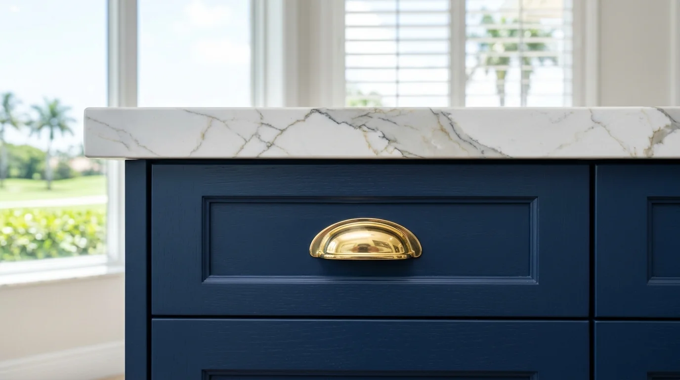 Close-up of warm wood North Palm Beach kitchen cabinetry and stone countertop detail