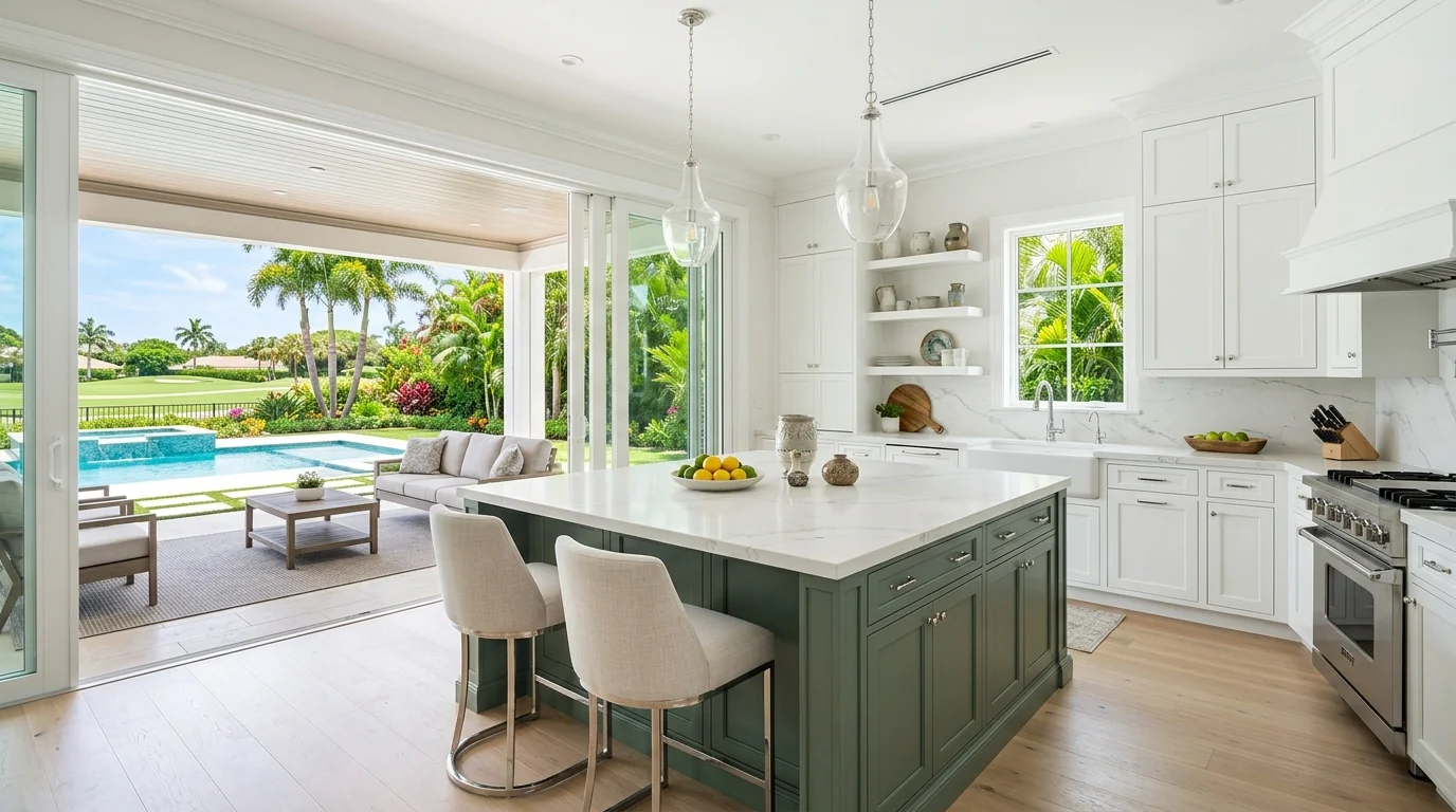 Ultra-wide North Palm Beach kitchen with marble waterfall island and pool deck view