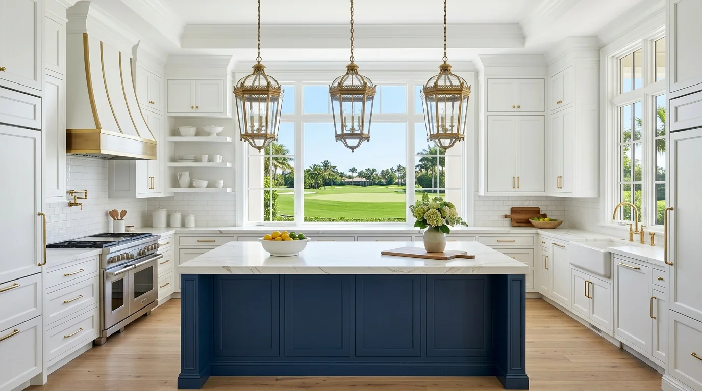 North Palm Beach gated-community kitchen with island and ornate brass pendant lighting