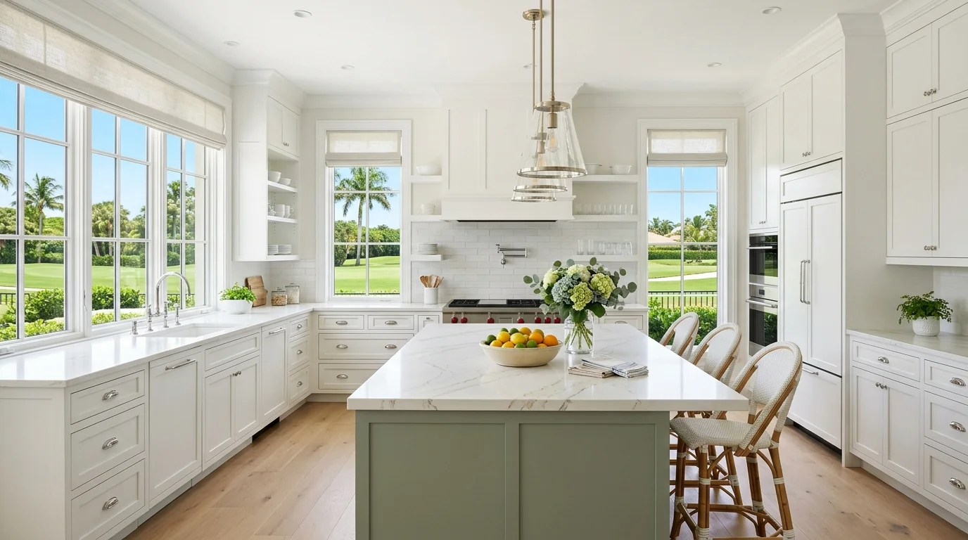 Panoramic finished North Palm Beach kitchen with marble island and brass hardware