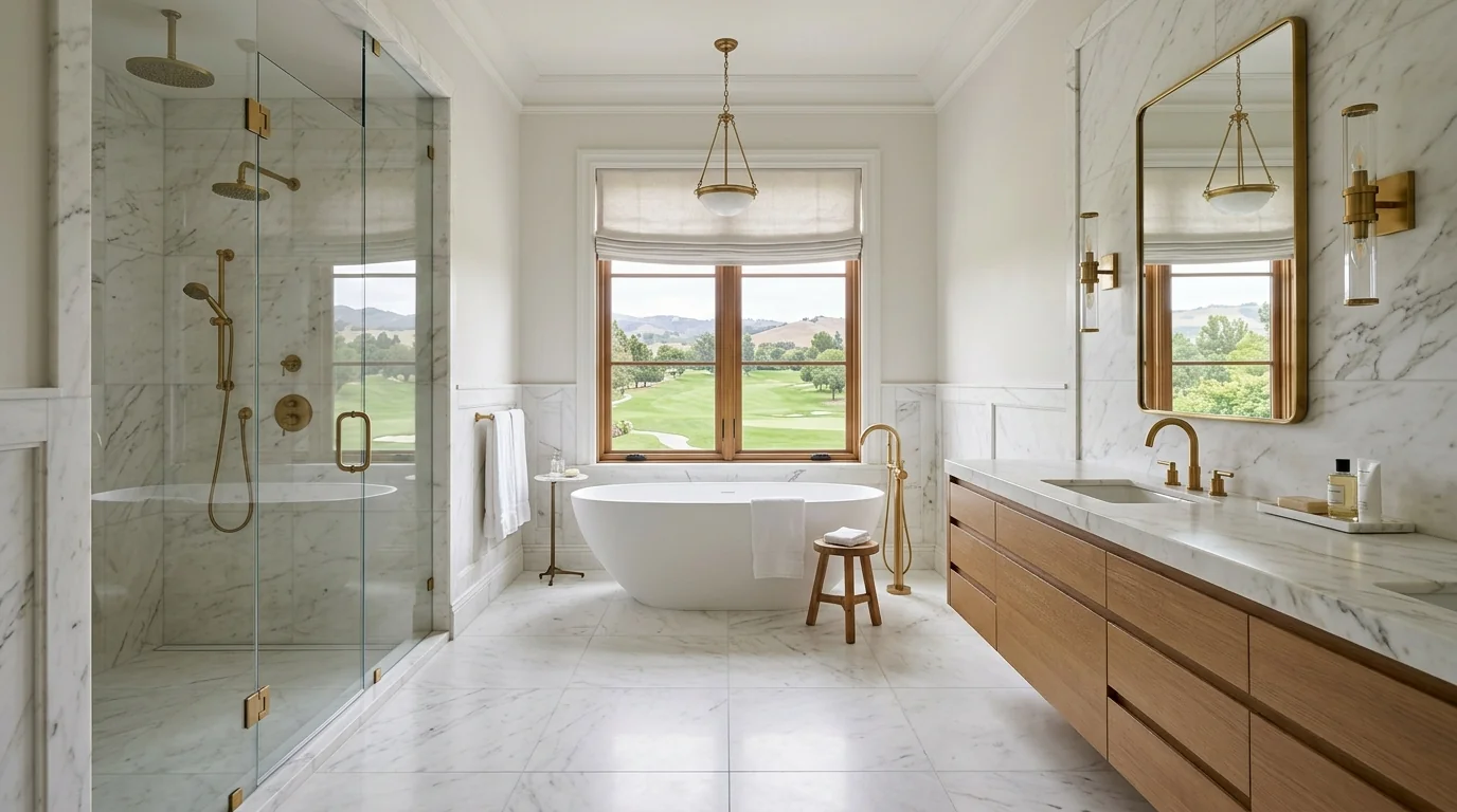 Palm Beach Gardens luxury bathroom remodel with frameless walk-in shower, freestanding tub, and floating wood vanity