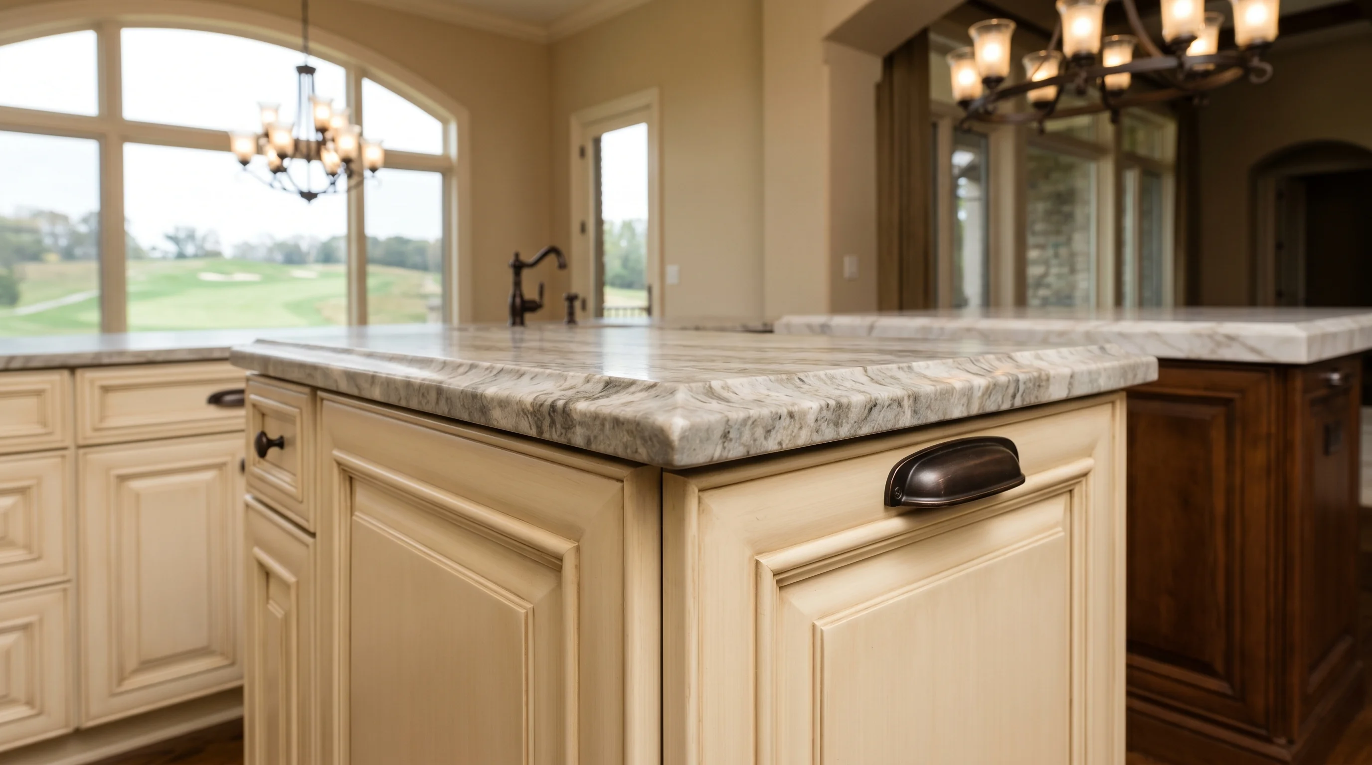 Palm Beach Gardens luxury kitchen with marble waterfall island and brass pendants