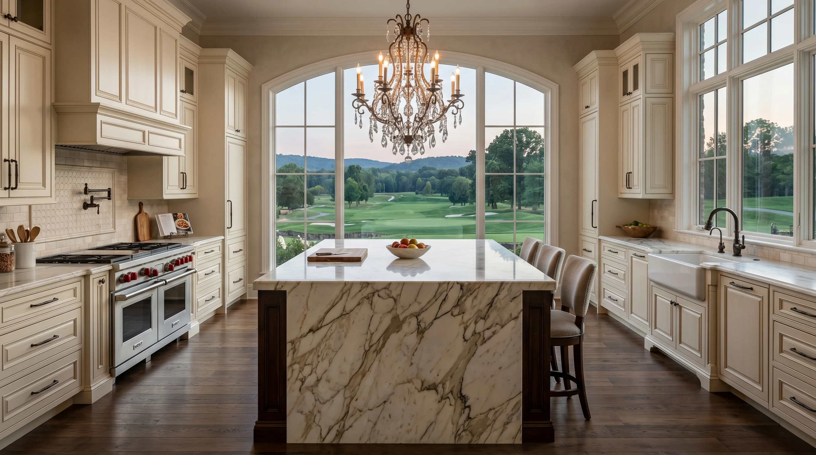 Wide cinematic Palm Beach Gardens kitchen with marble island and arched windows