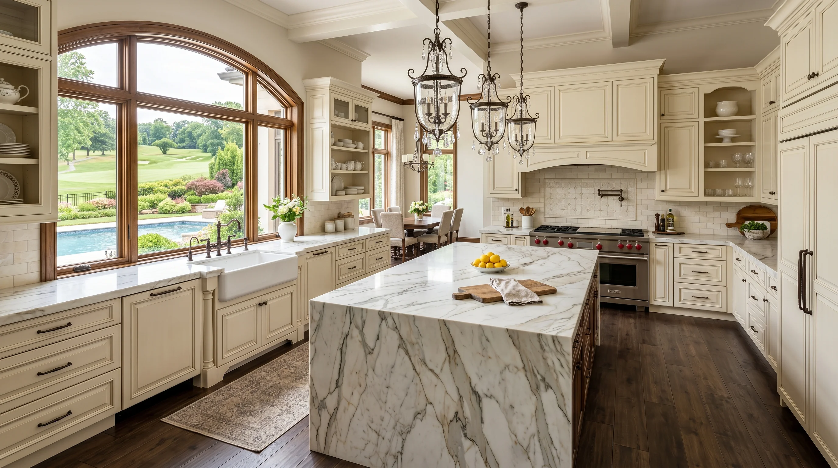 Ultra-wide Palm Beach Gardens kitchen with marble waterfall island and pool deck view
