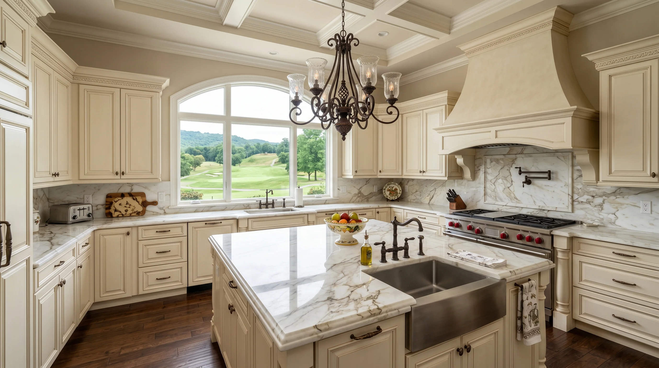 Palm Beach Gardens gated-community kitchen with island and ornate brass pendant lighting