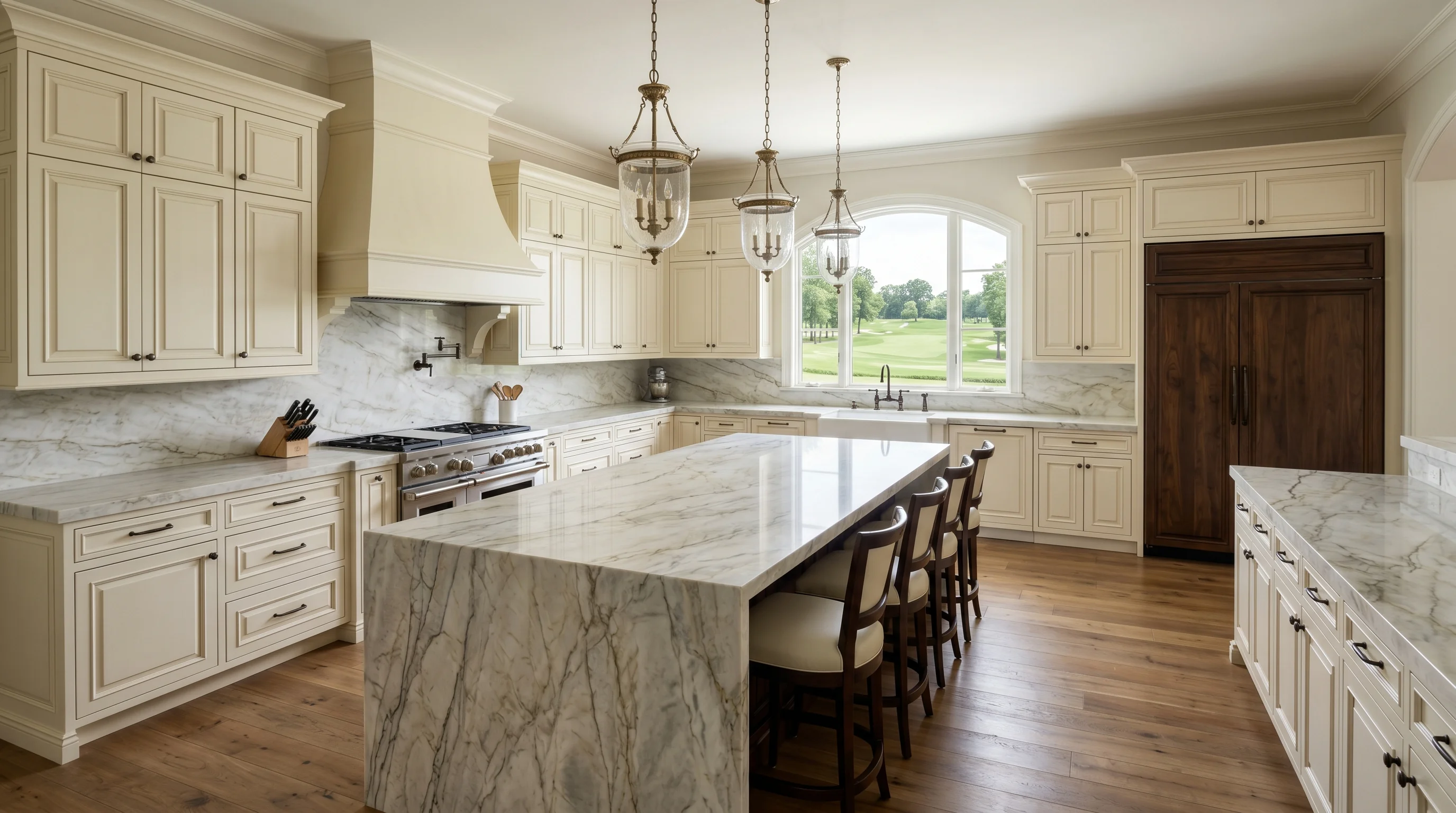 Panoramic finished Palm Beach Gardens kitchen with marble island and brass hardware