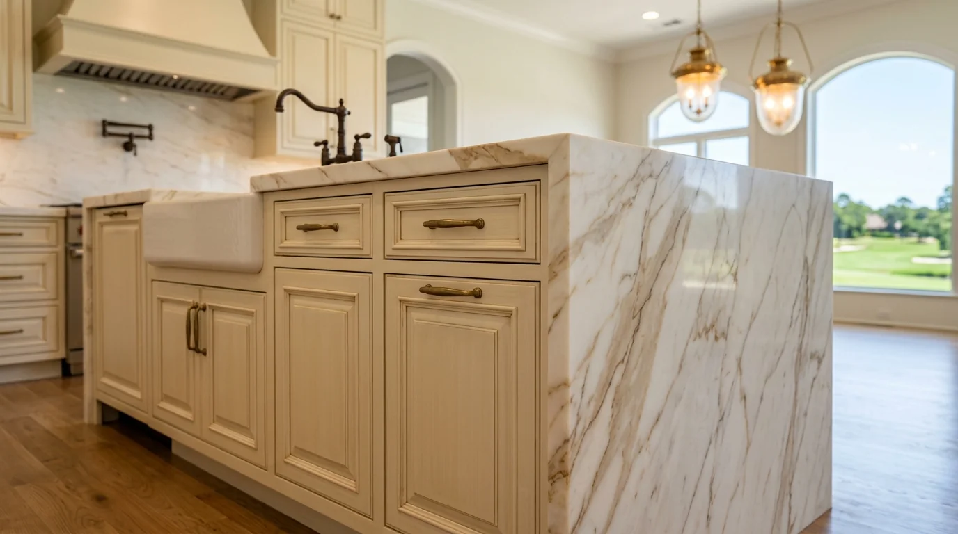 Palm Beach Gardens luxury kitchen with marble waterfall island and brass pendants