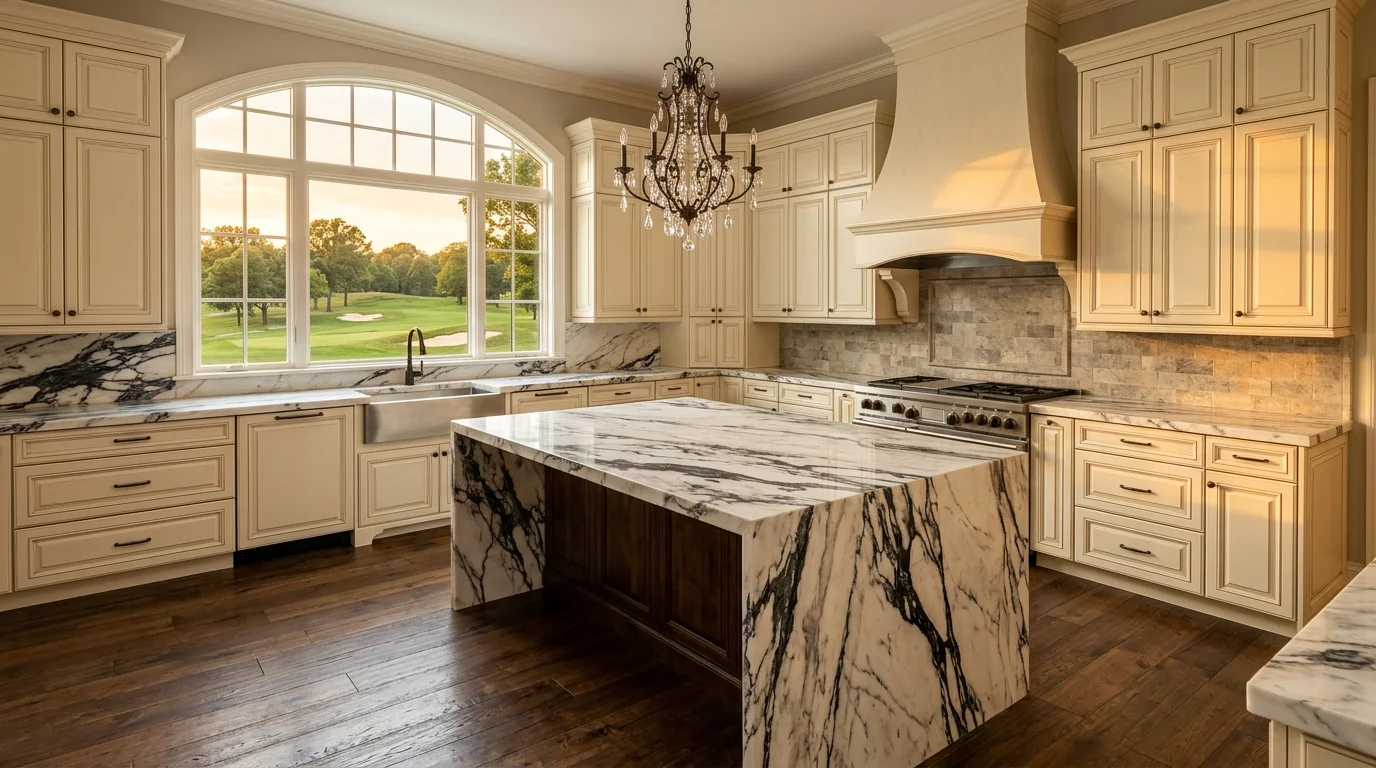 Wide cinematic Palm Beach Gardens kitchen with marble island and arched windows