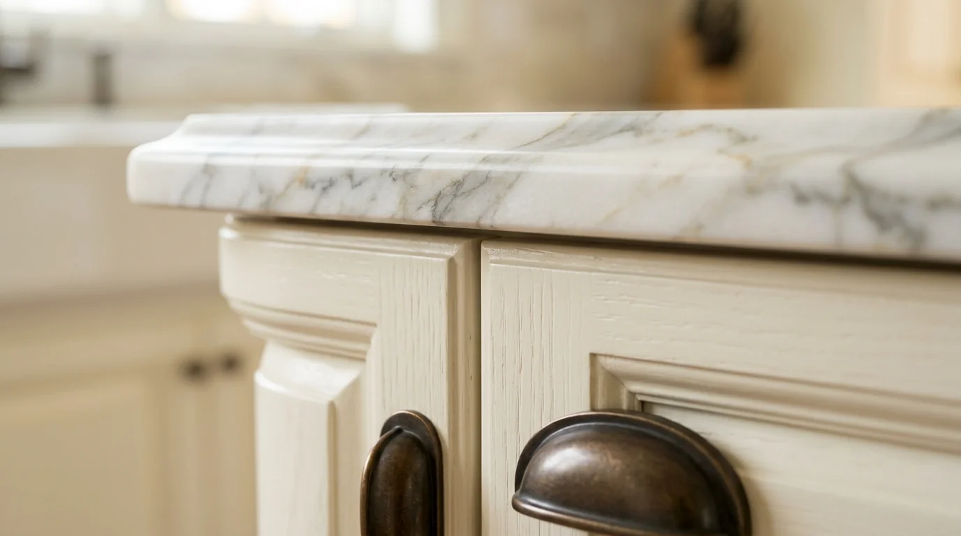 Close-up of warm wood Palm Beach Gardens kitchen cabinetry and stone countertop detail