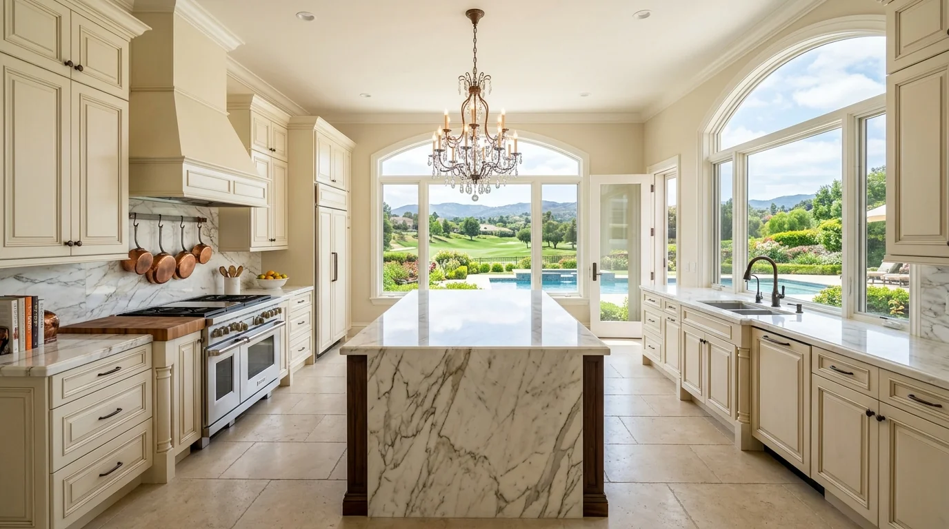 Ultra-wide Palm Beach Gardens kitchen with marble waterfall island and pool deck view