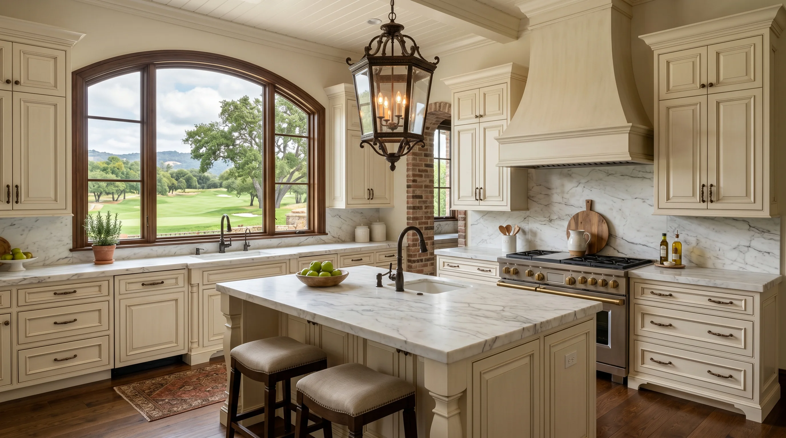 Palm Beach Gardens gated-community kitchen with island and ornate brass pendant lighting