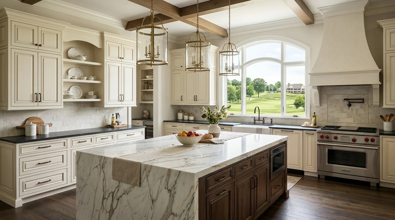 Panoramic finished Palm Beach Gardens kitchen with marble island and brass hardware
