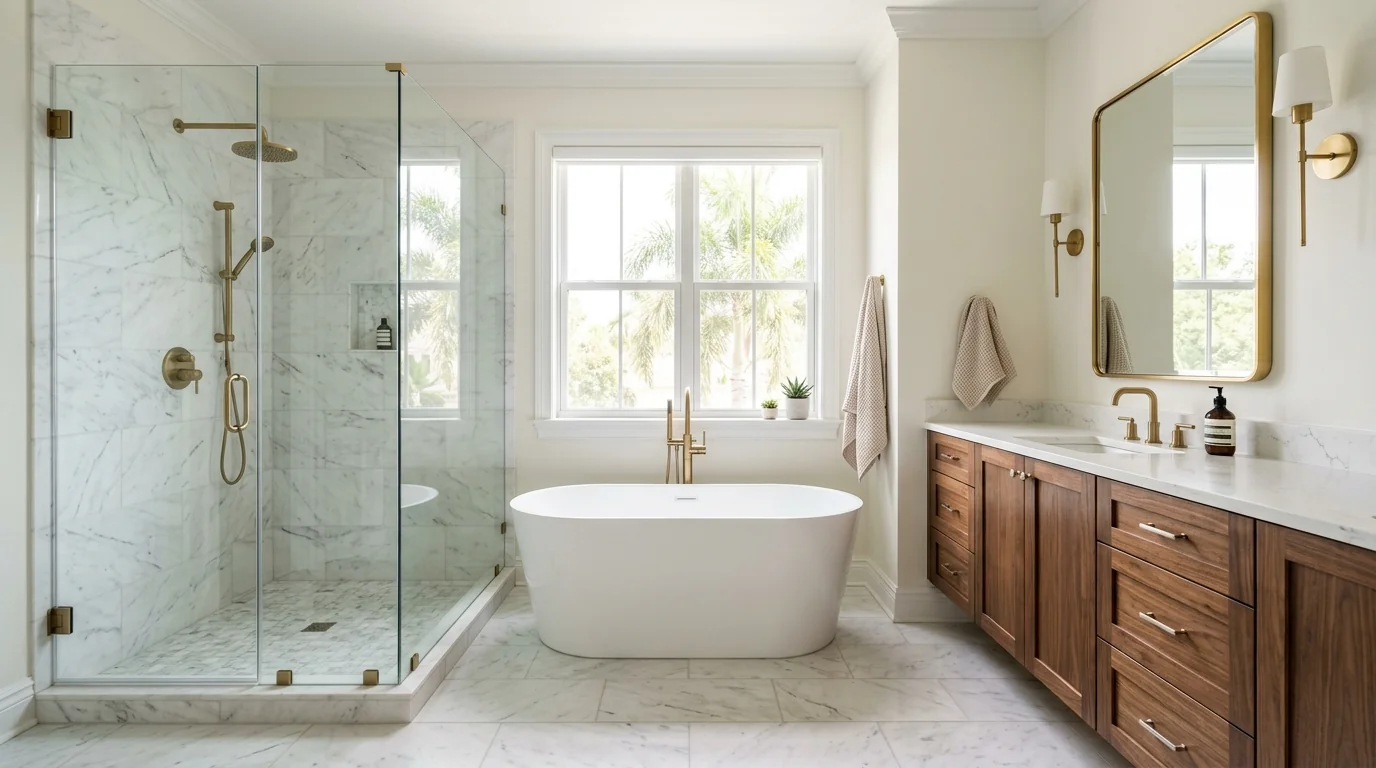 Royal Palm Beach bathroom remodel with frameless walk-in shower, freestanding tub, and floating wood vanity