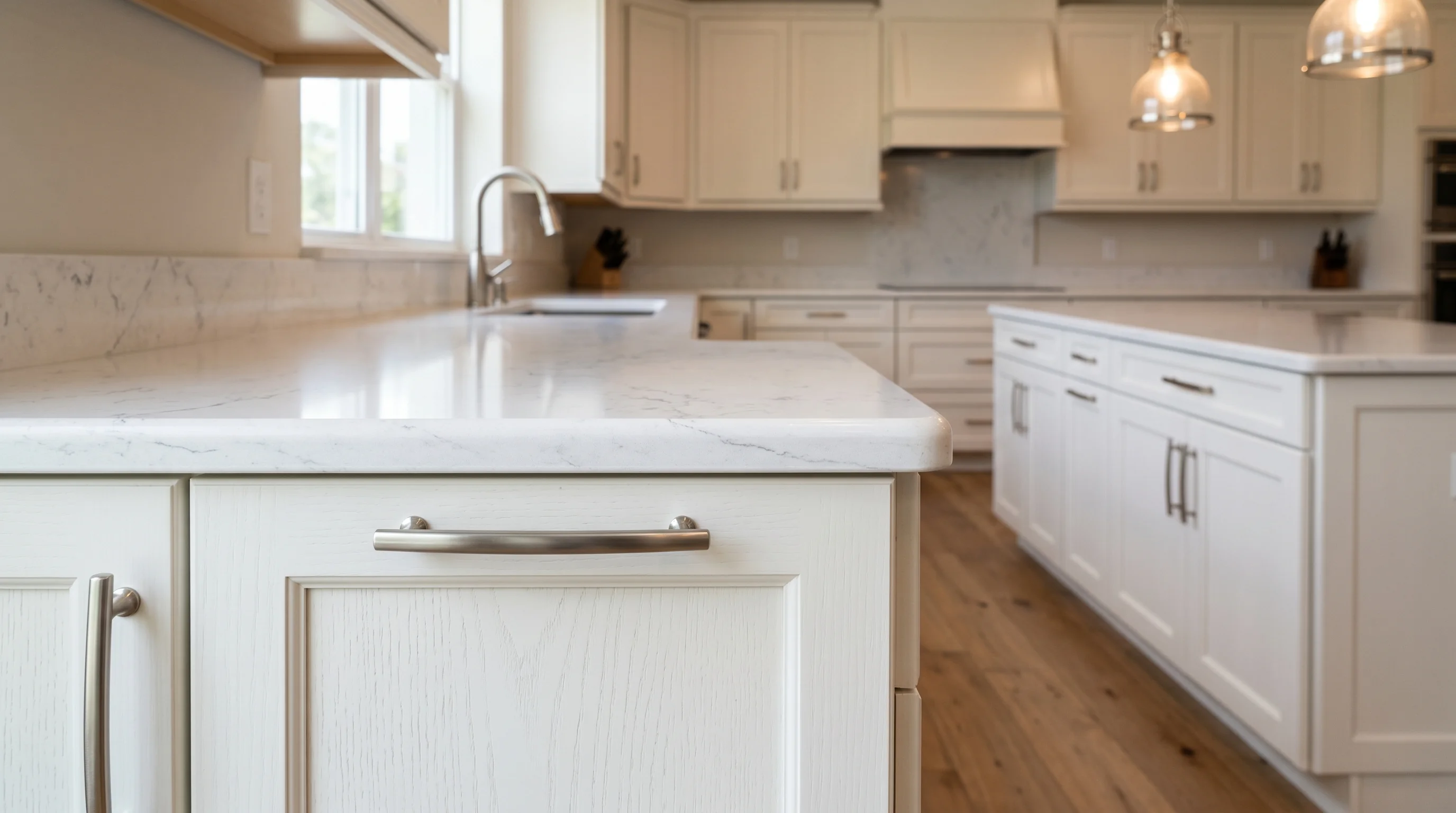 Royal Palm Beach luxury kitchen with marble waterfall island and brass pendants