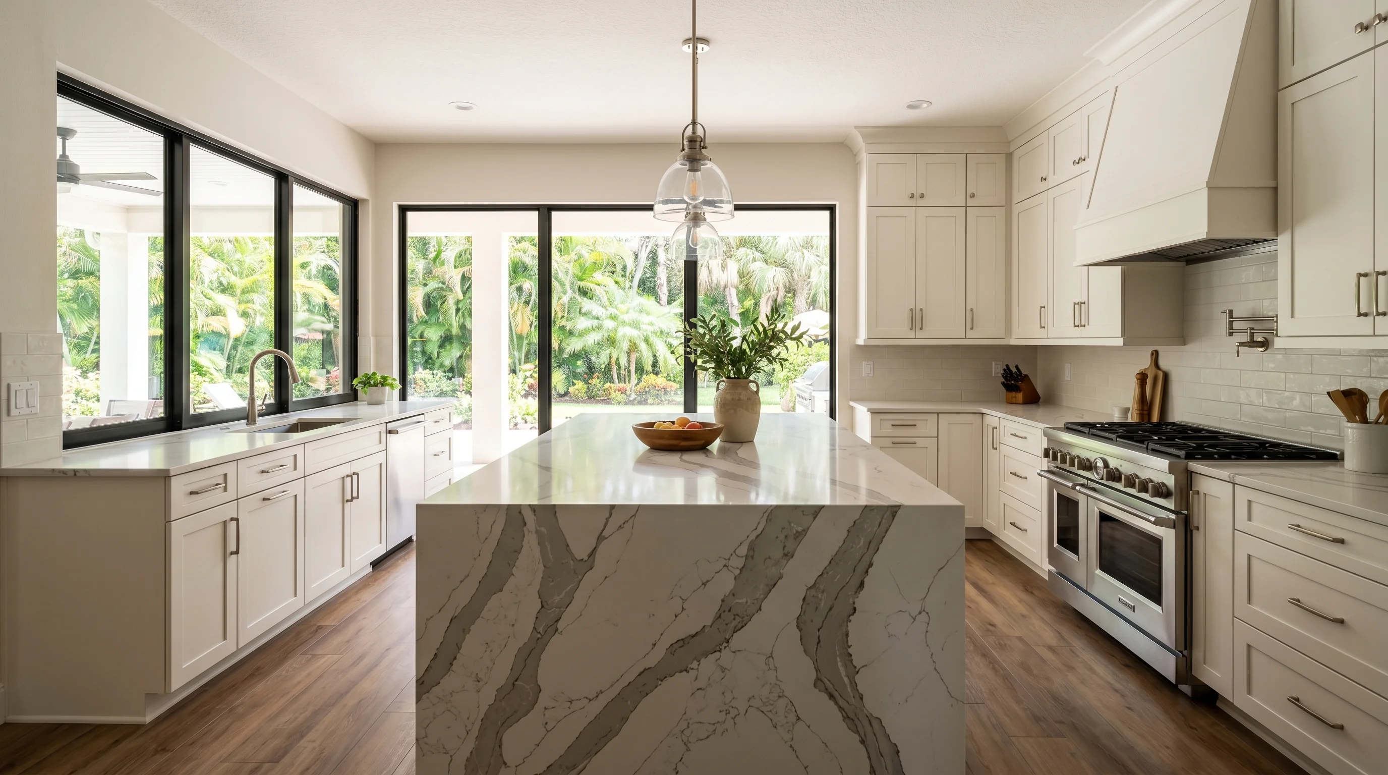 Wide cinematic Royal Palm Beach kitchen with marble island and arched windows