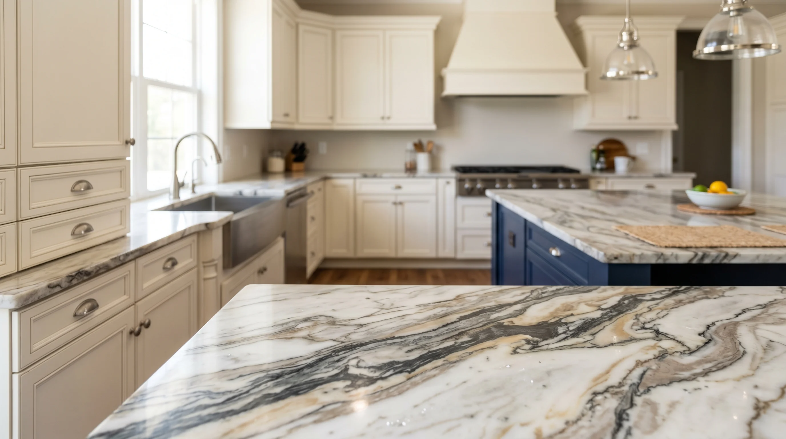 Close-up of warm wood Royal Palm Beach kitchen cabinetry and stone countertop detail