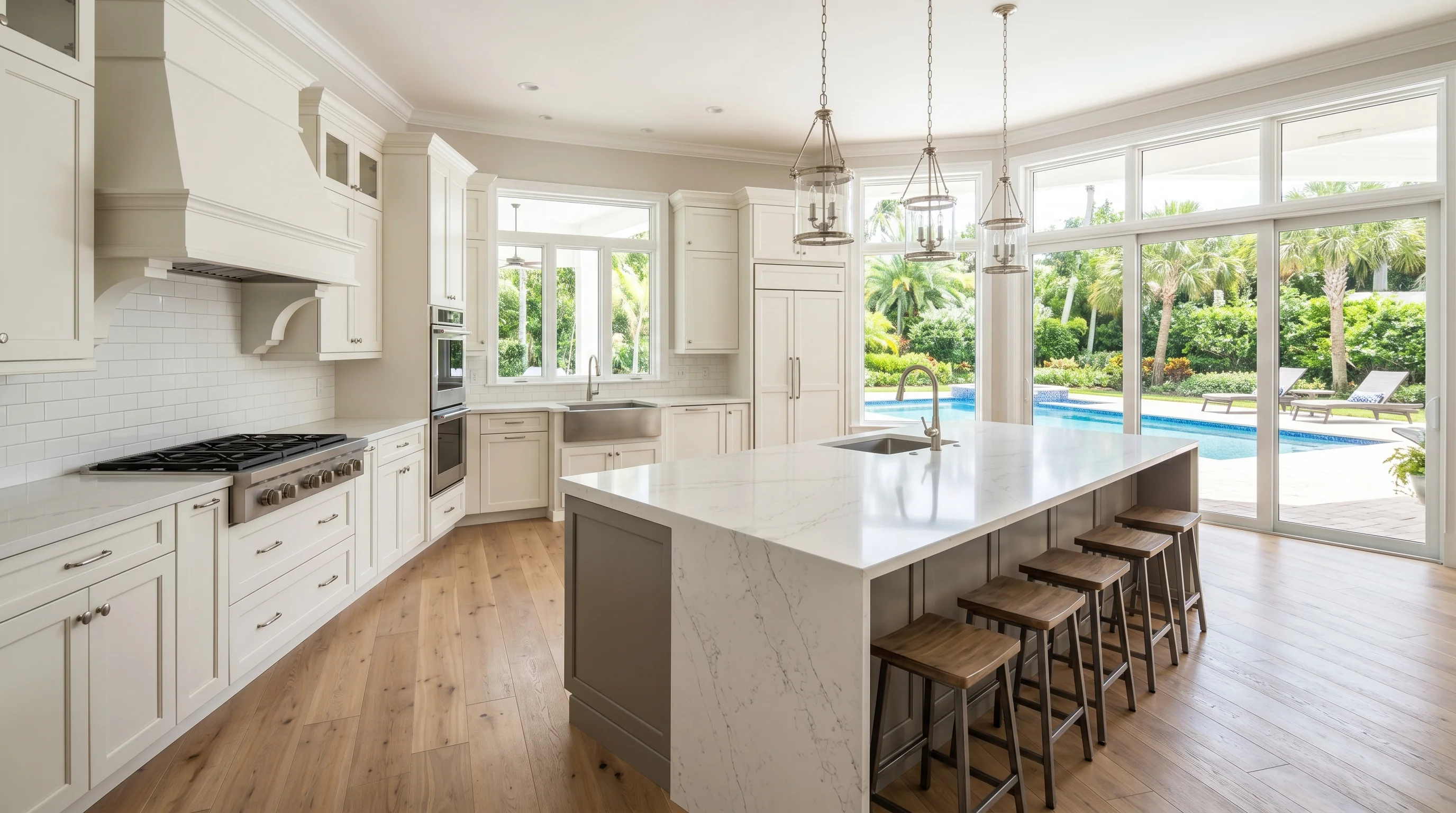 Ultra-wide Royal Palm Beach kitchen with marble waterfall island and pool deck view