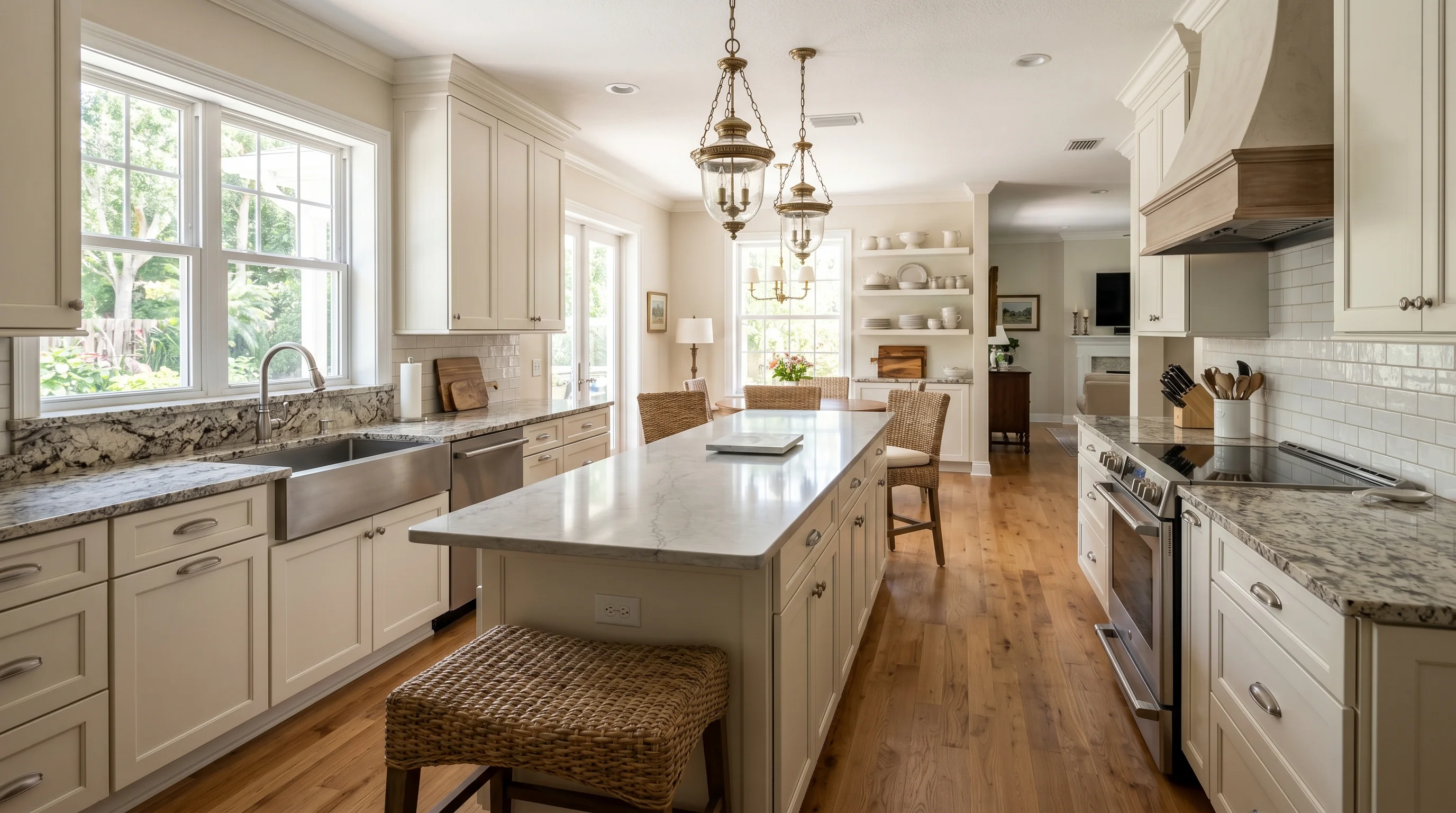 Royal Palm Beach gated-community kitchen with island and ornate brass pendant lighting