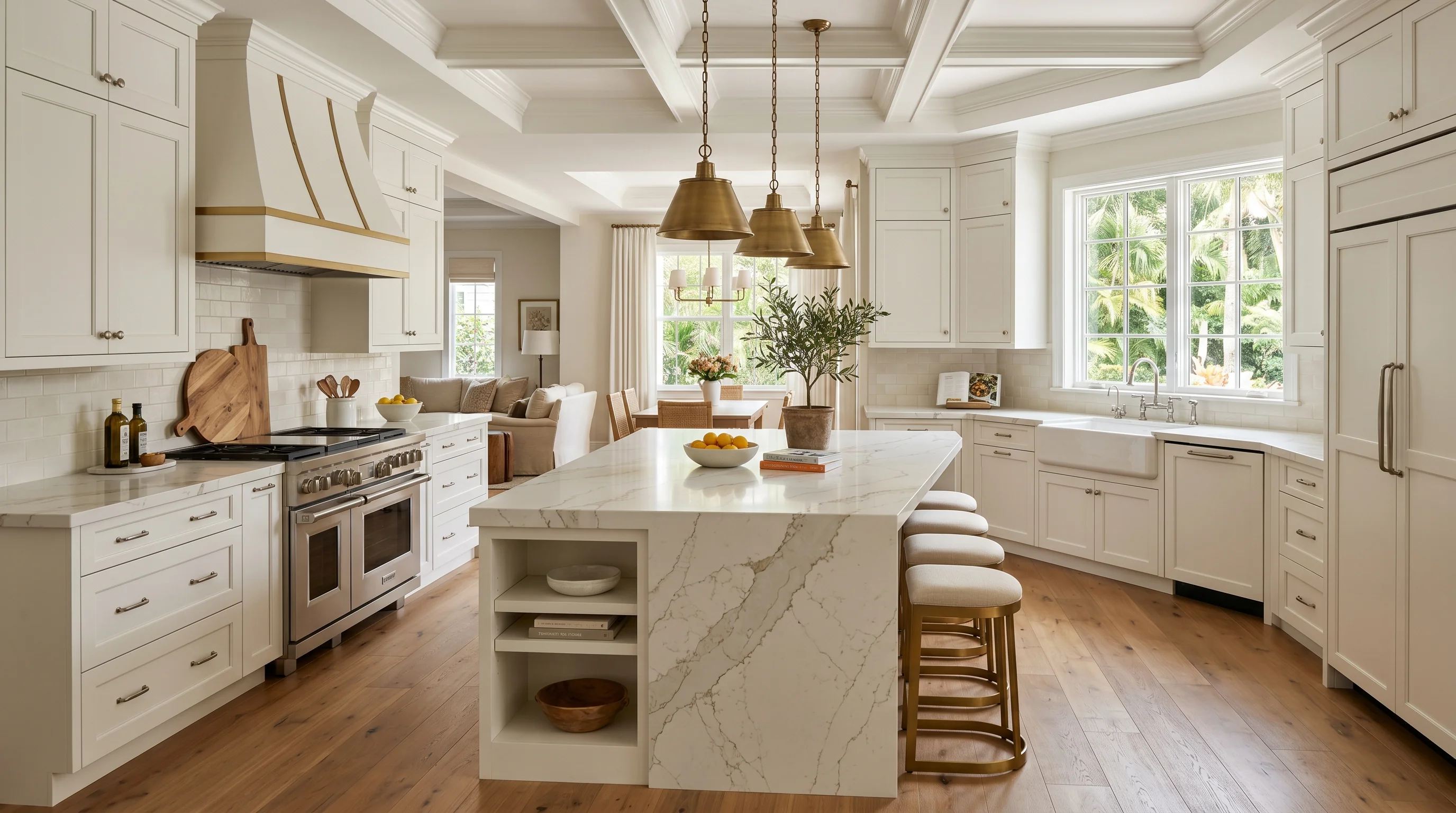 Panoramic finished Royal Palm Beach kitchen with marble island and brass hardware