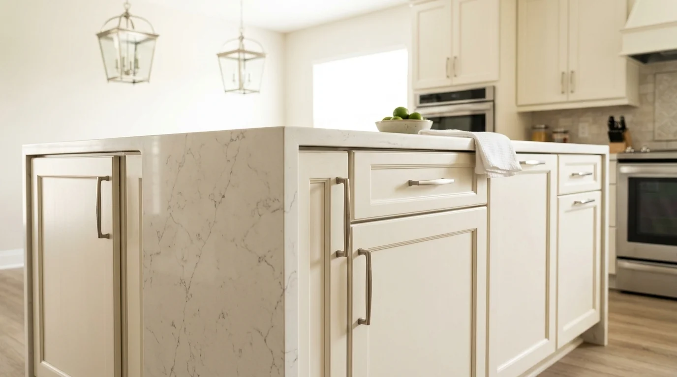 Royal Palm Beach luxury kitchen with marble waterfall island and brass pendants