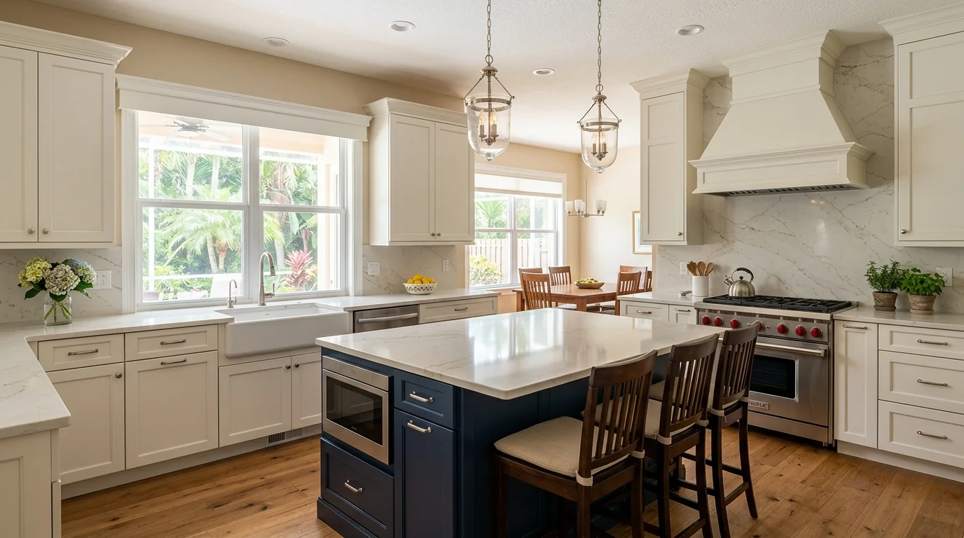 Two-tone Royal Palm Beach kitchen showing scope of remodel investment
