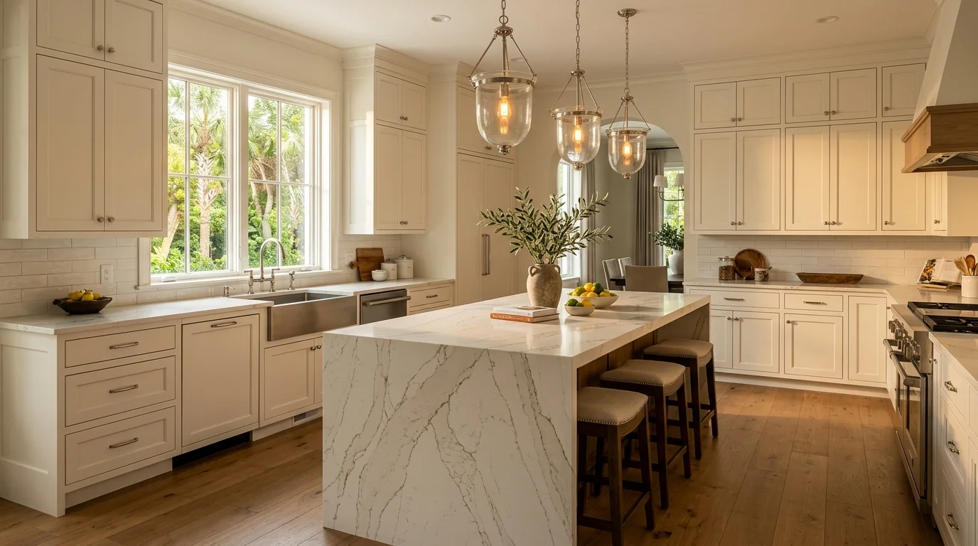 Wide cinematic Royal Palm Beach kitchen with marble island and arched windows