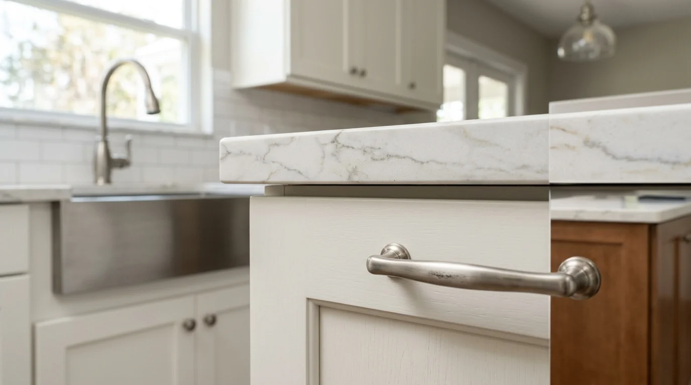 Close-up of warm wood Royal Palm Beach kitchen cabinetry and stone countertop detail
