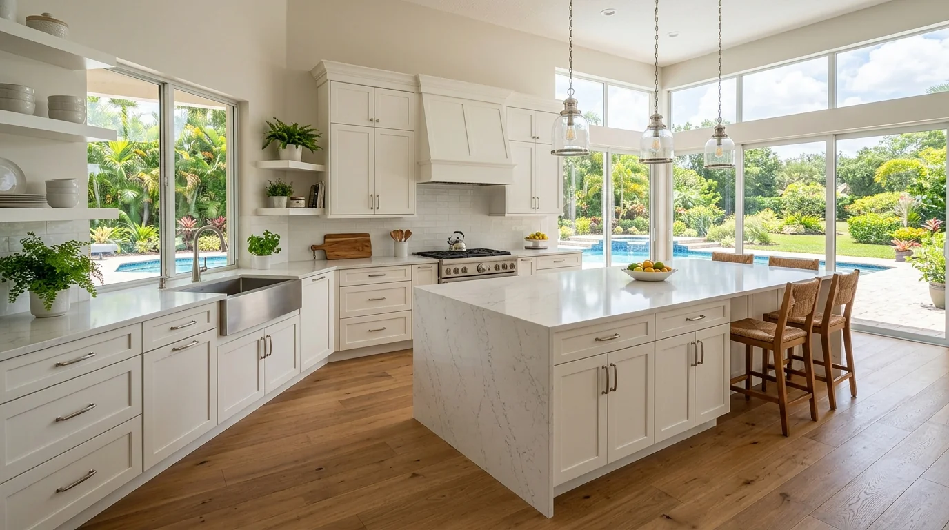 Ultra-wide Royal Palm Beach kitchen with marble waterfall island and pool deck view
