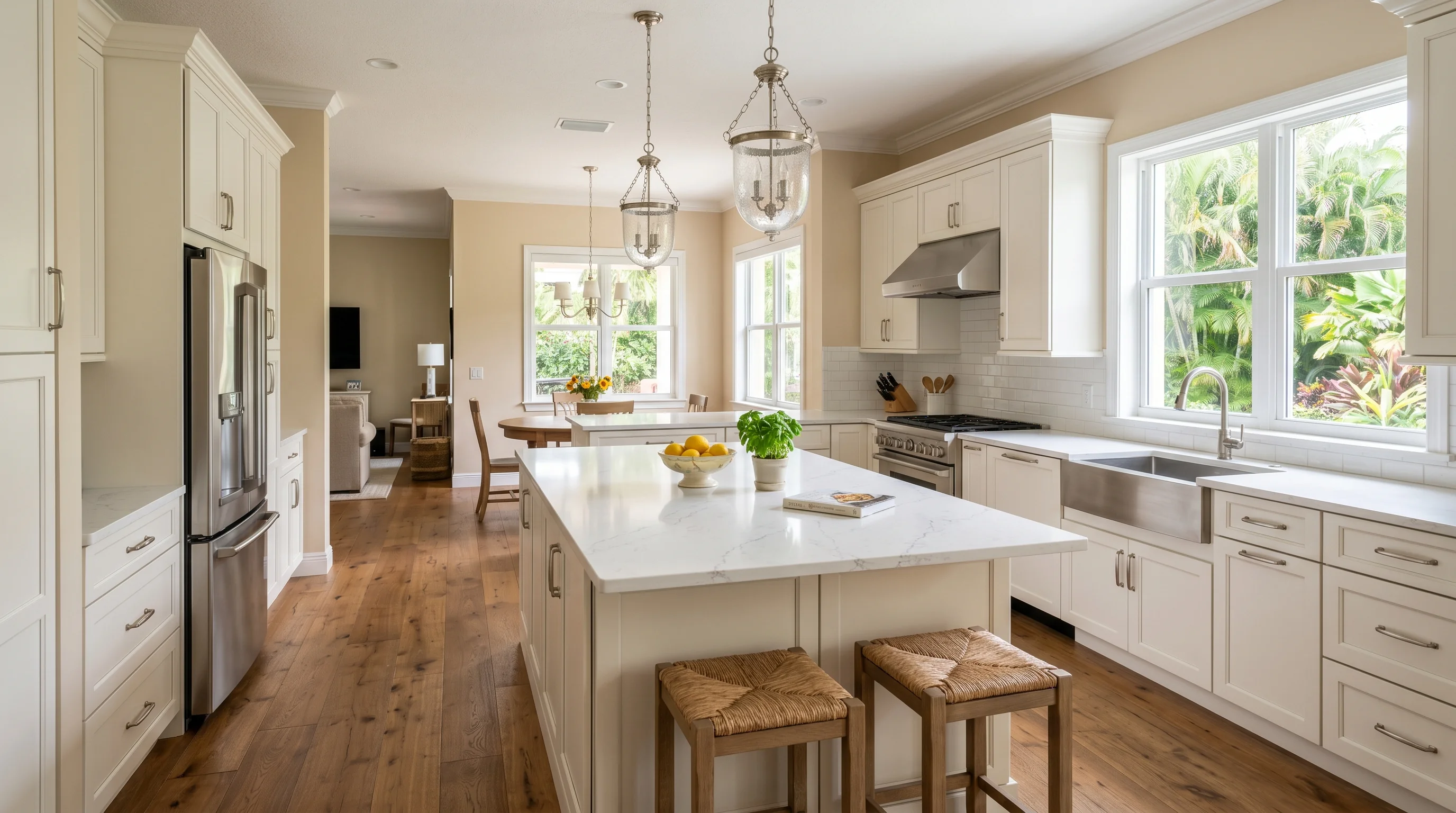 Royal Palm Beach gated-community kitchen with island and ornate brass pendant lighting
