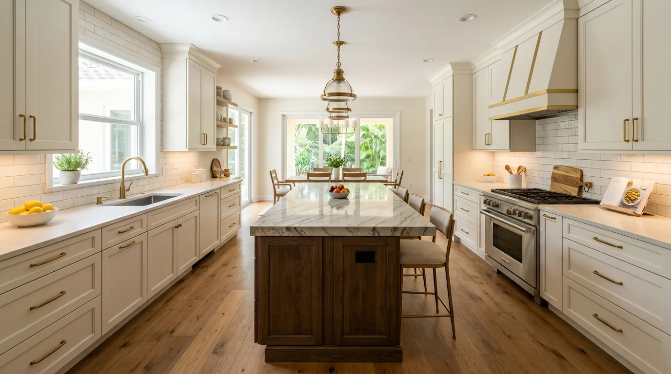 Panoramic finished Royal Palm Beach kitchen with marble island and brass hardware