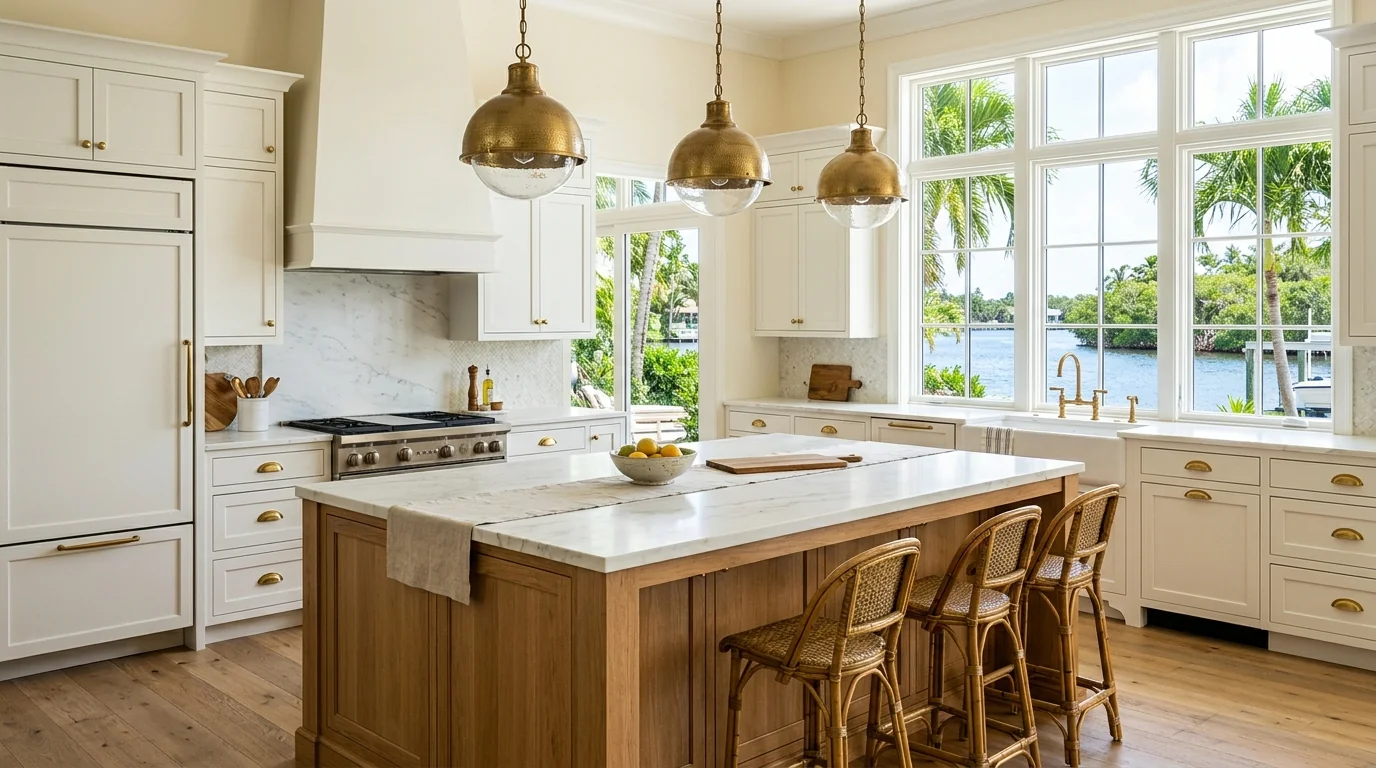 Tequesta luxury kitchen with marble waterfall island and brass pendants