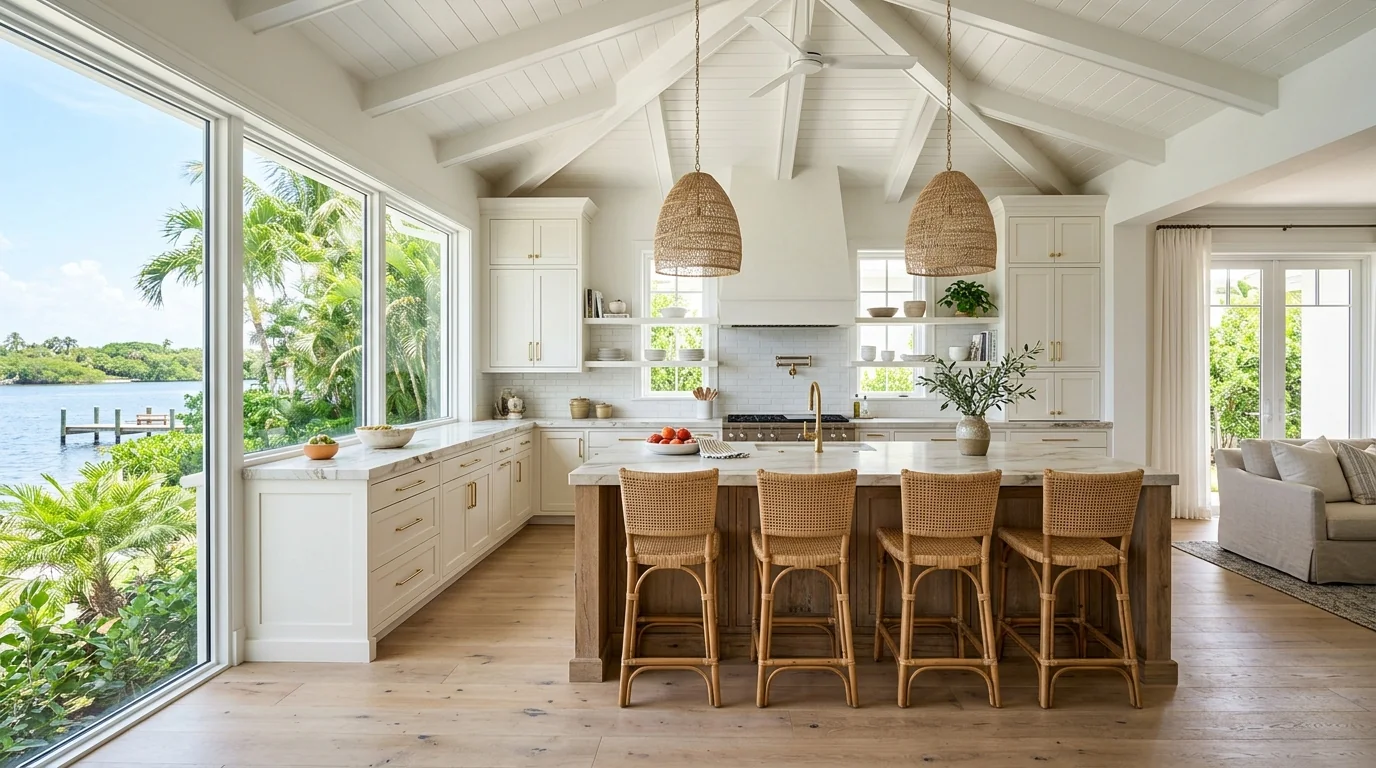 Wide cinematic Tequesta kitchen with marble island and arched windows