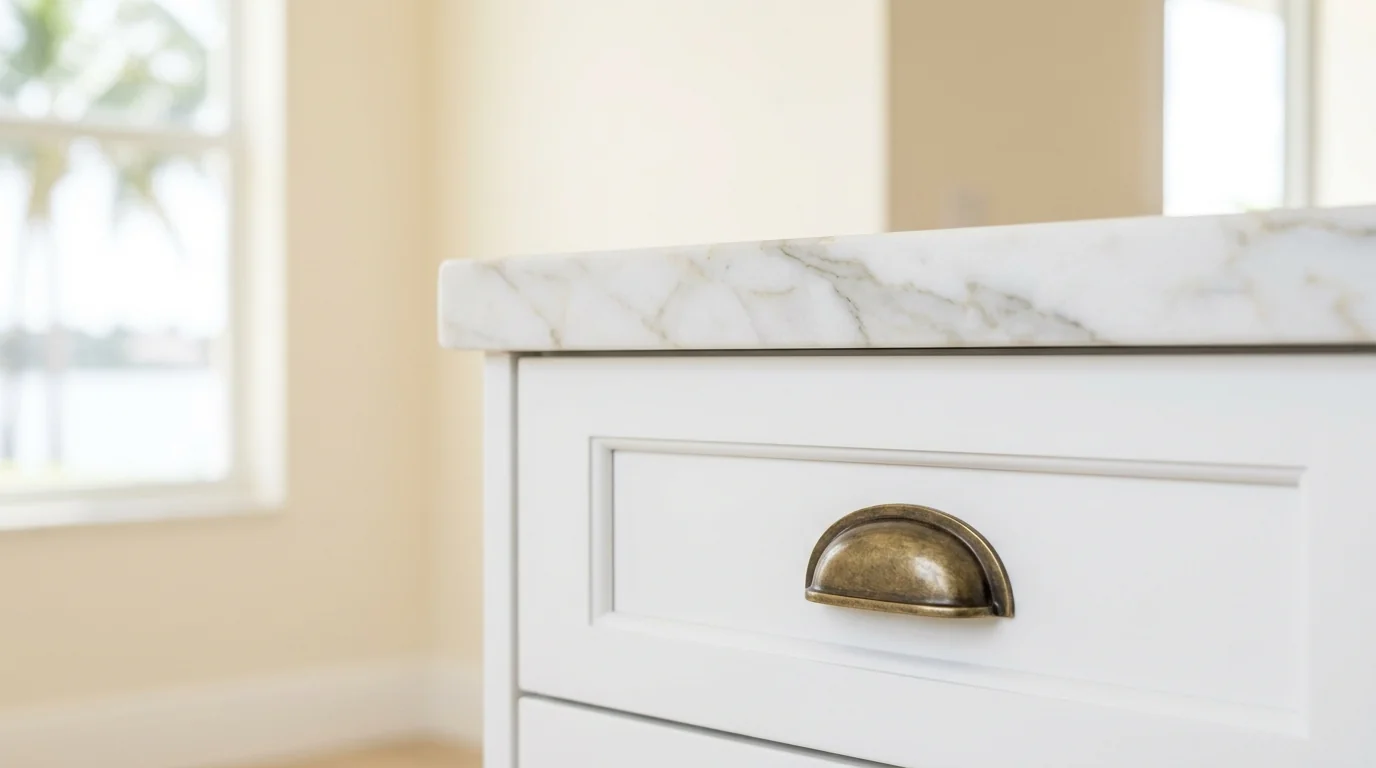 Close-up of warm wood Tequesta kitchen cabinetry and stone countertop detail