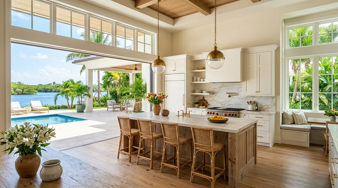 Ultra-wide Tequesta kitchen with marble waterfall island and pool deck view