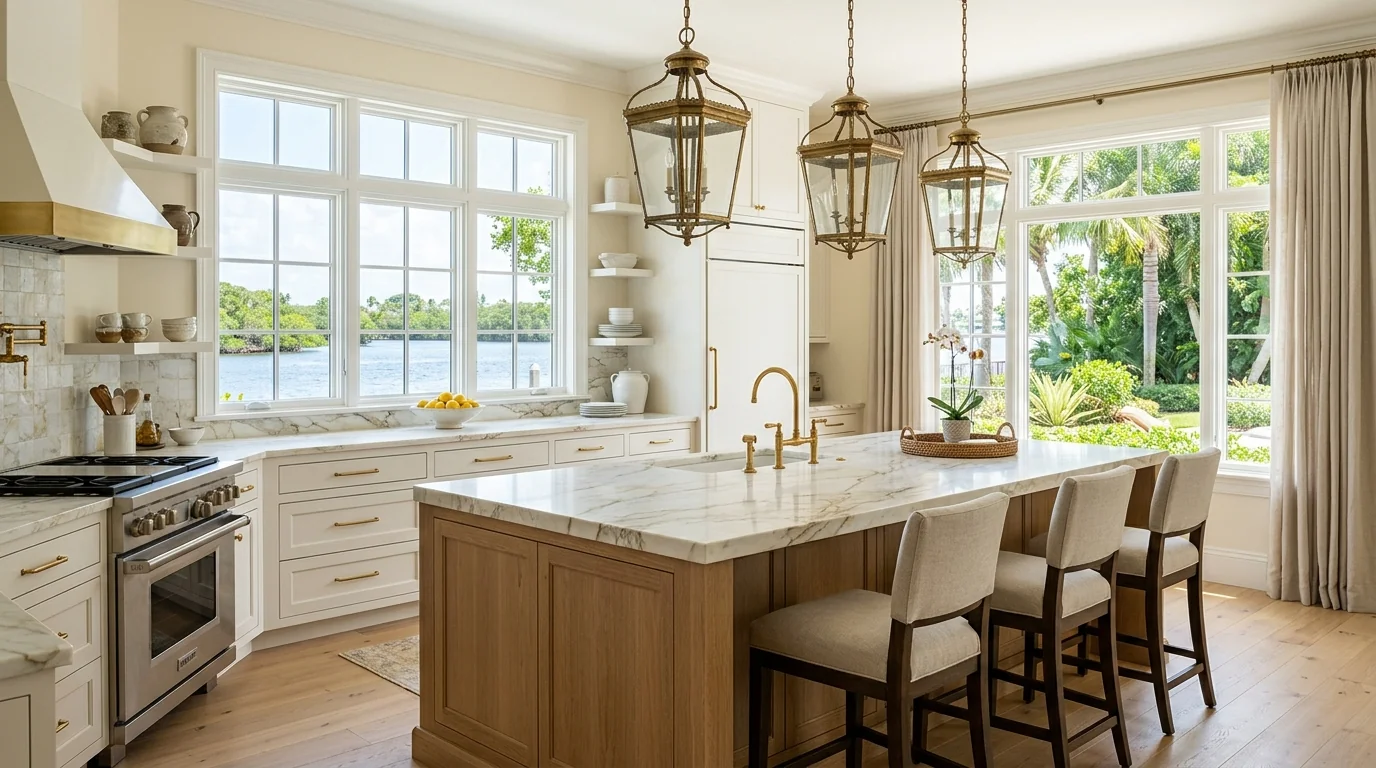 Tequesta gated-community kitchen with island and ornate brass pendant lighting