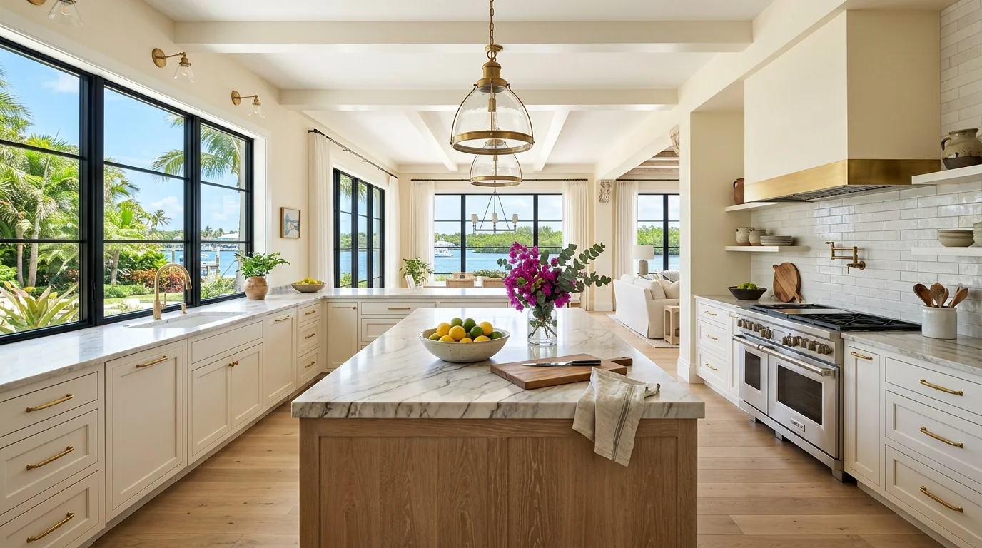 Panoramic finished Tequesta kitchen with marble island and brass hardware