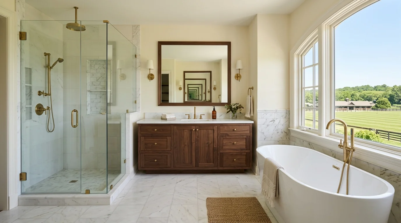 Wellington luxury bathroom remodel with frameless walk-in shower, freestanding tub, and floating wood vanity