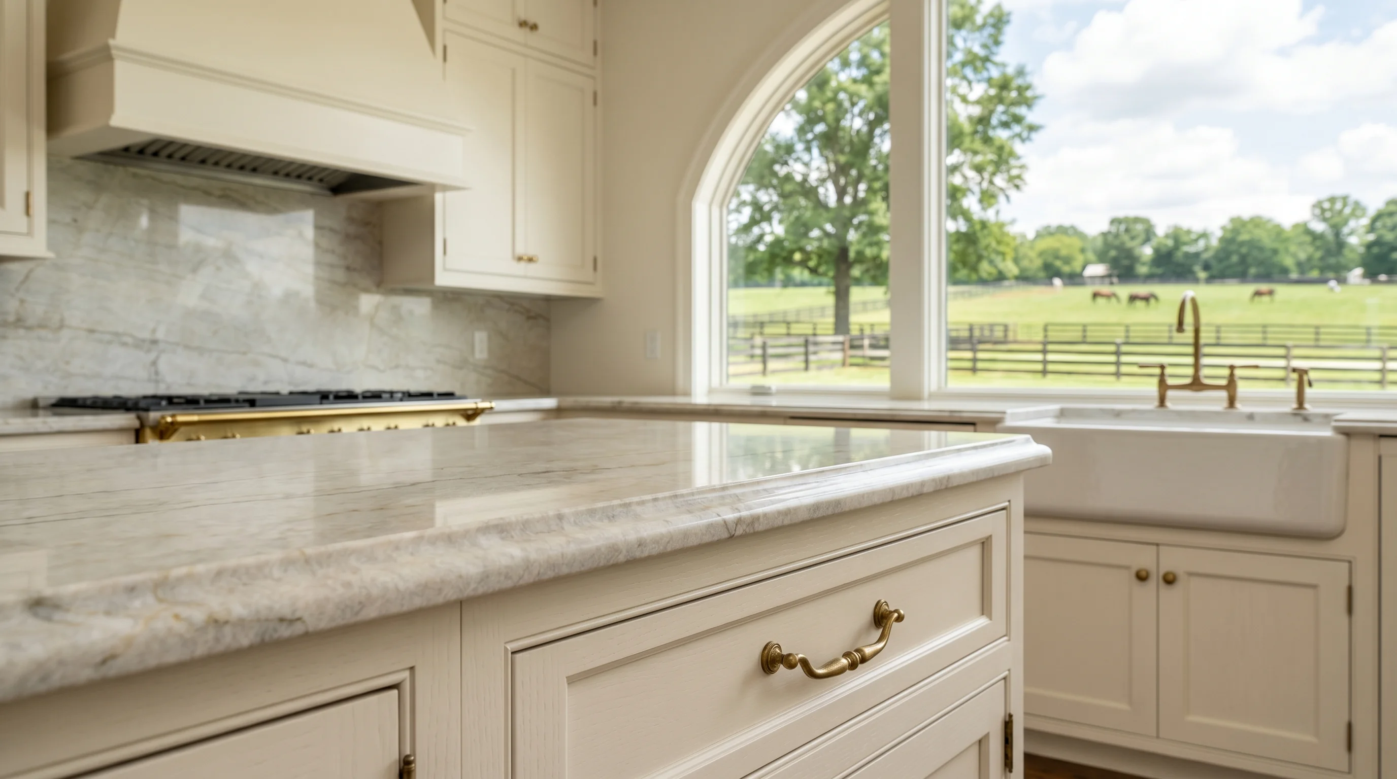 Wellington luxury kitchen with marble waterfall island and brass pendants