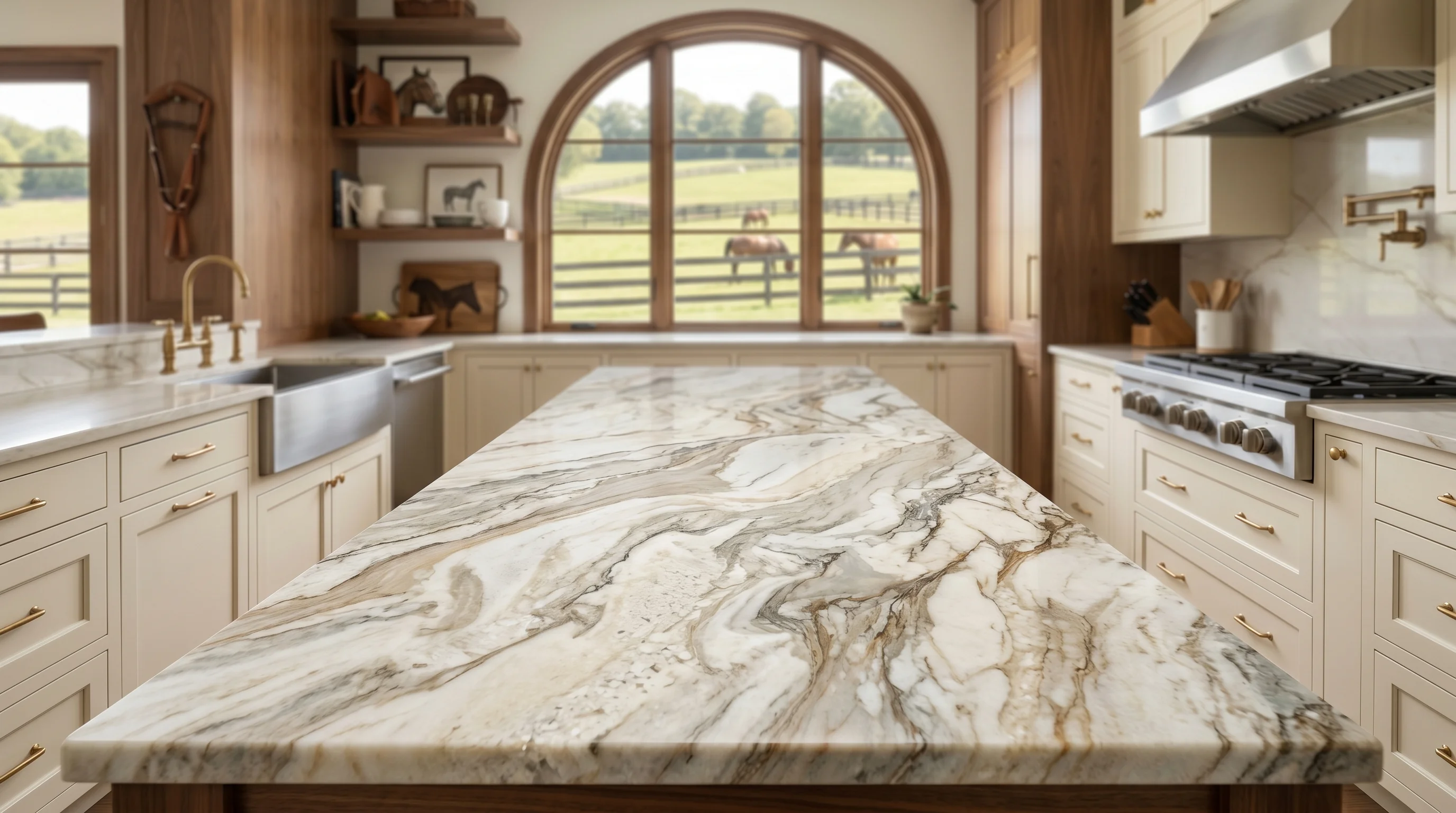 Close-up of warm wood Wellington kitchen cabinetry and stone countertop detail