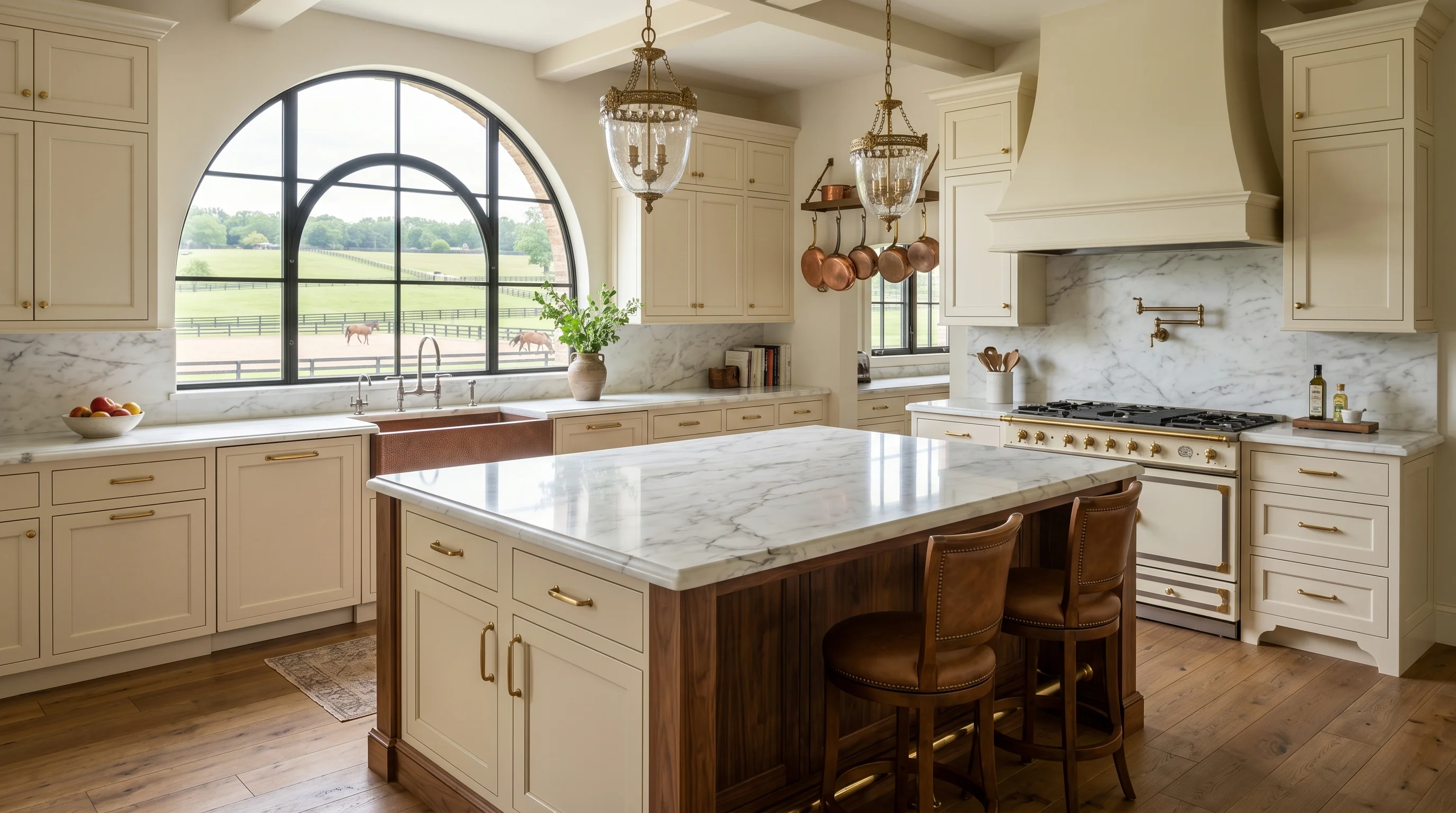 Wellington gated-community kitchen with island and ornate brass pendant lighting