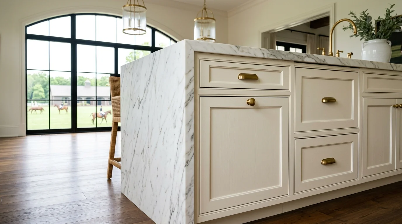 Wellington luxury kitchen with marble waterfall island and brass pendants