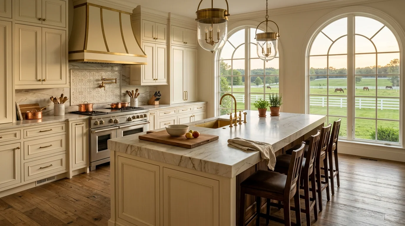 Wide cinematic Wellington kitchen with marble island and arched windows