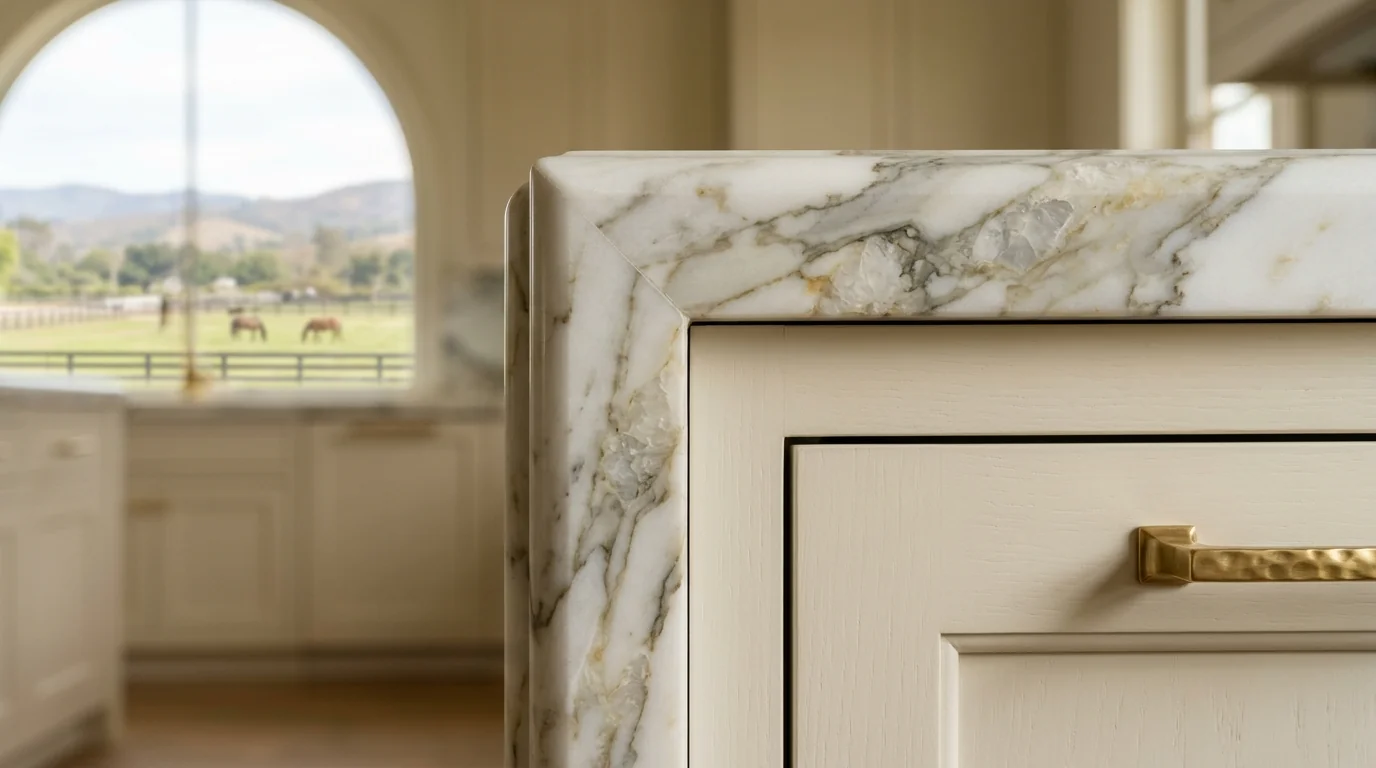 Close-up of warm wood Wellington kitchen cabinetry and stone countertop detail