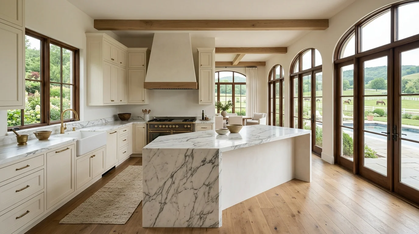 Ultra-wide Wellington kitchen with marble waterfall island and pool deck view