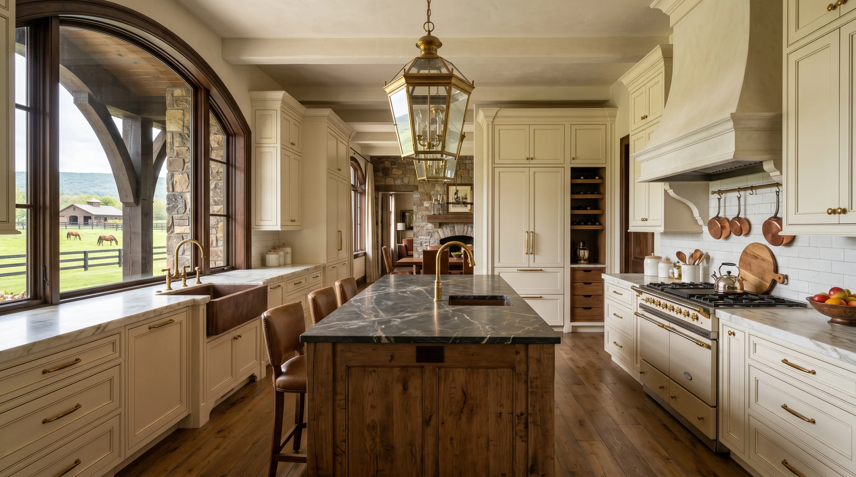 Wellington gated-community kitchen with island and ornate brass pendant lighting