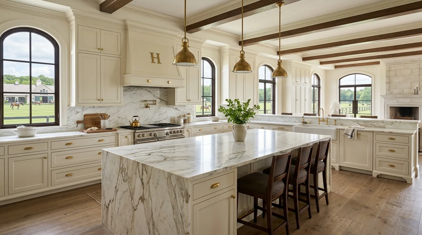Panoramic finished Wellington kitchen with marble island and brass hardware
