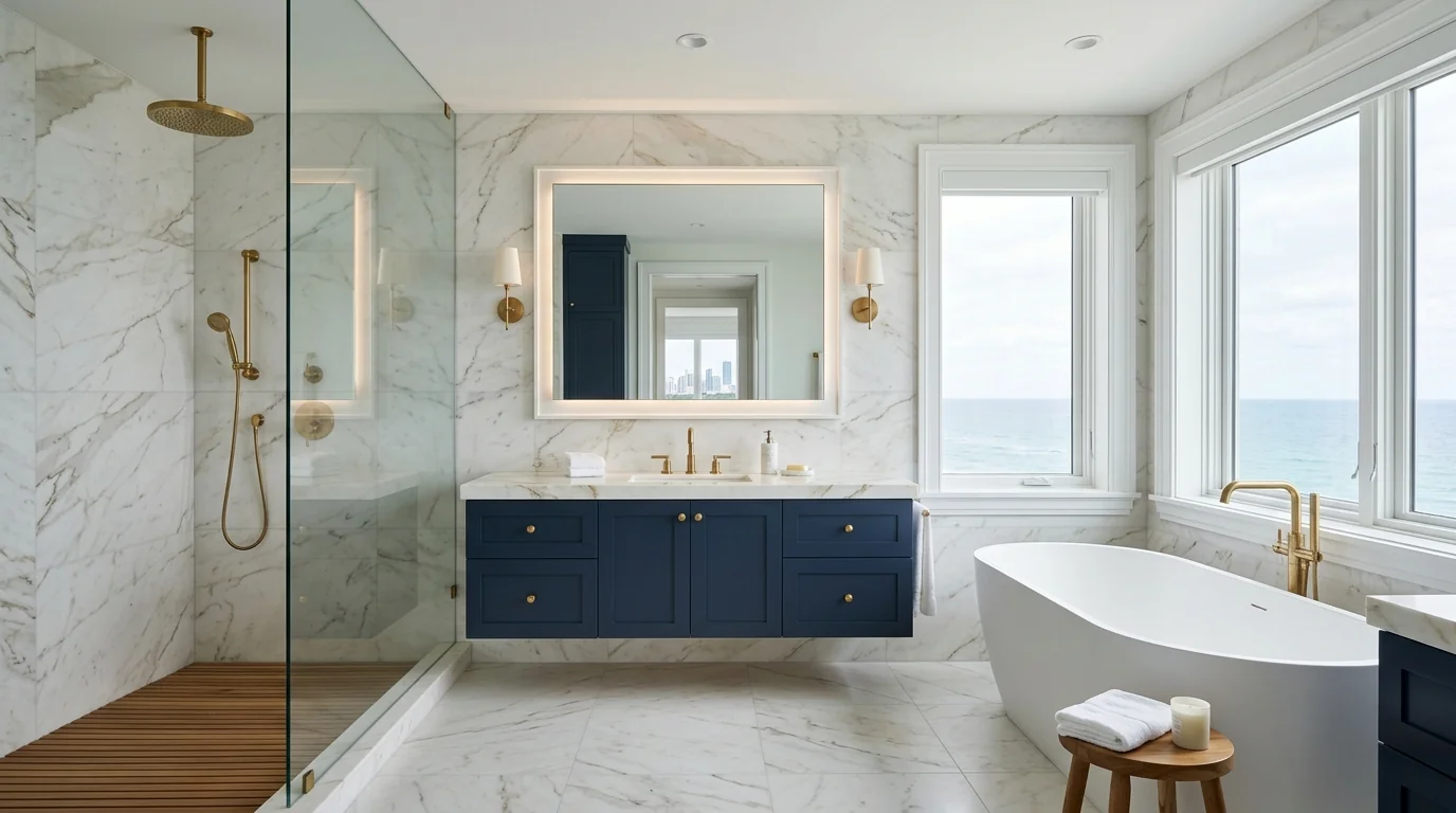 West Palm Beach luxury bathroom remodel with frameless walk-in shower, freestanding tub, and floating wood vanity