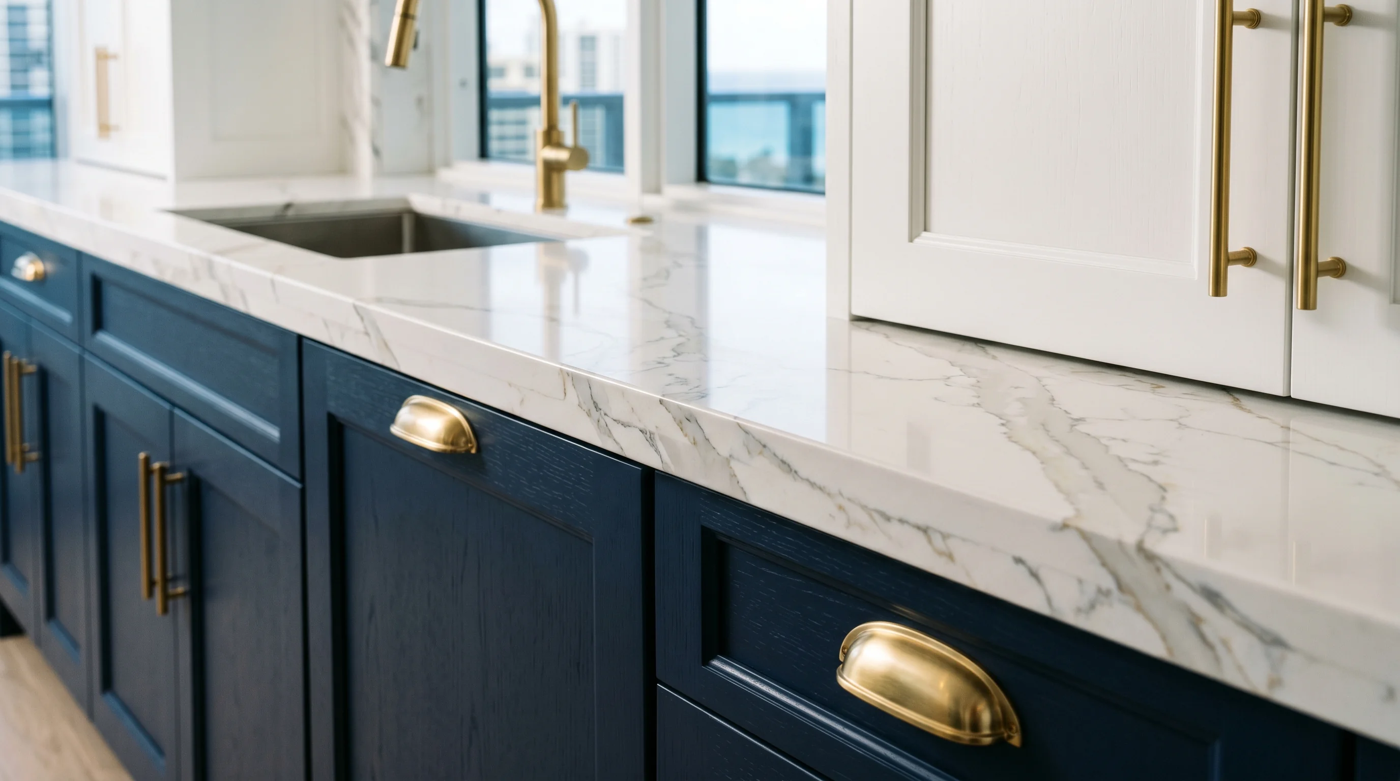 West Palm Beach luxury kitchen with marble waterfall island and brass pendants