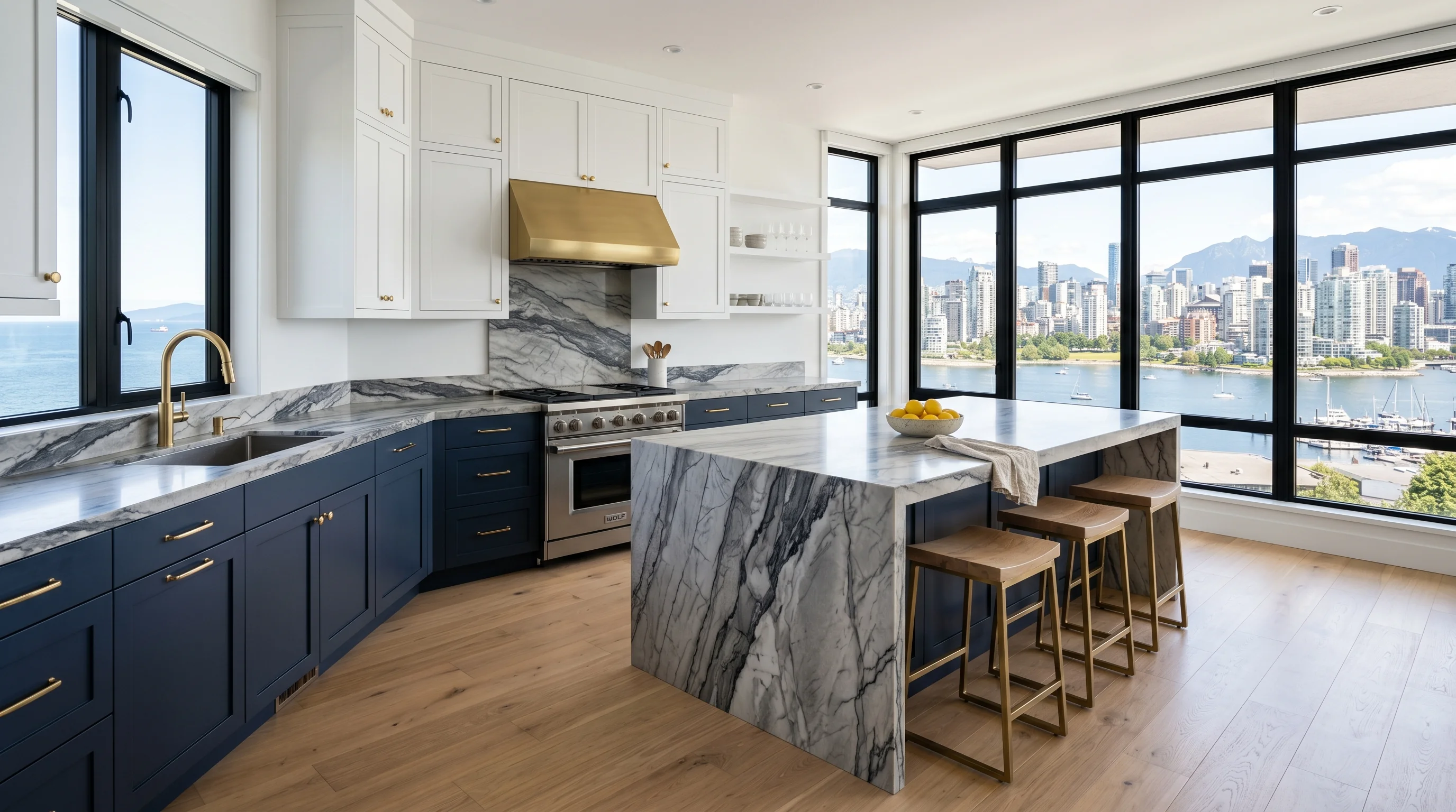 Wide cinematic West Palm Beach kitchen with marble island and arched windows